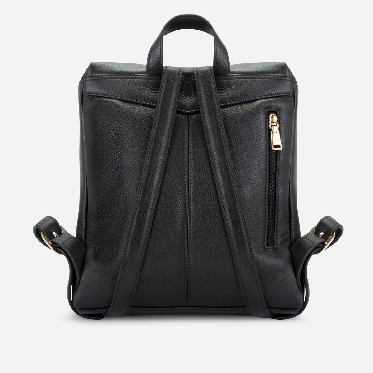 Black leather Geneva small backpack, back view showing the adjustable straps and zip pocket, Jekyll & Hide