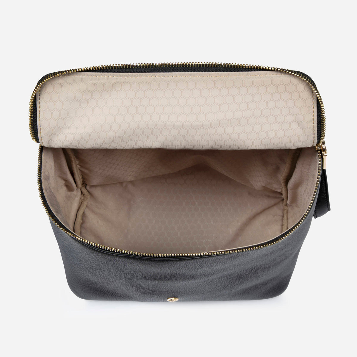 Black leather Geneva small backpack open, showing the stone lining and interior pockets, Jekyll & Hide