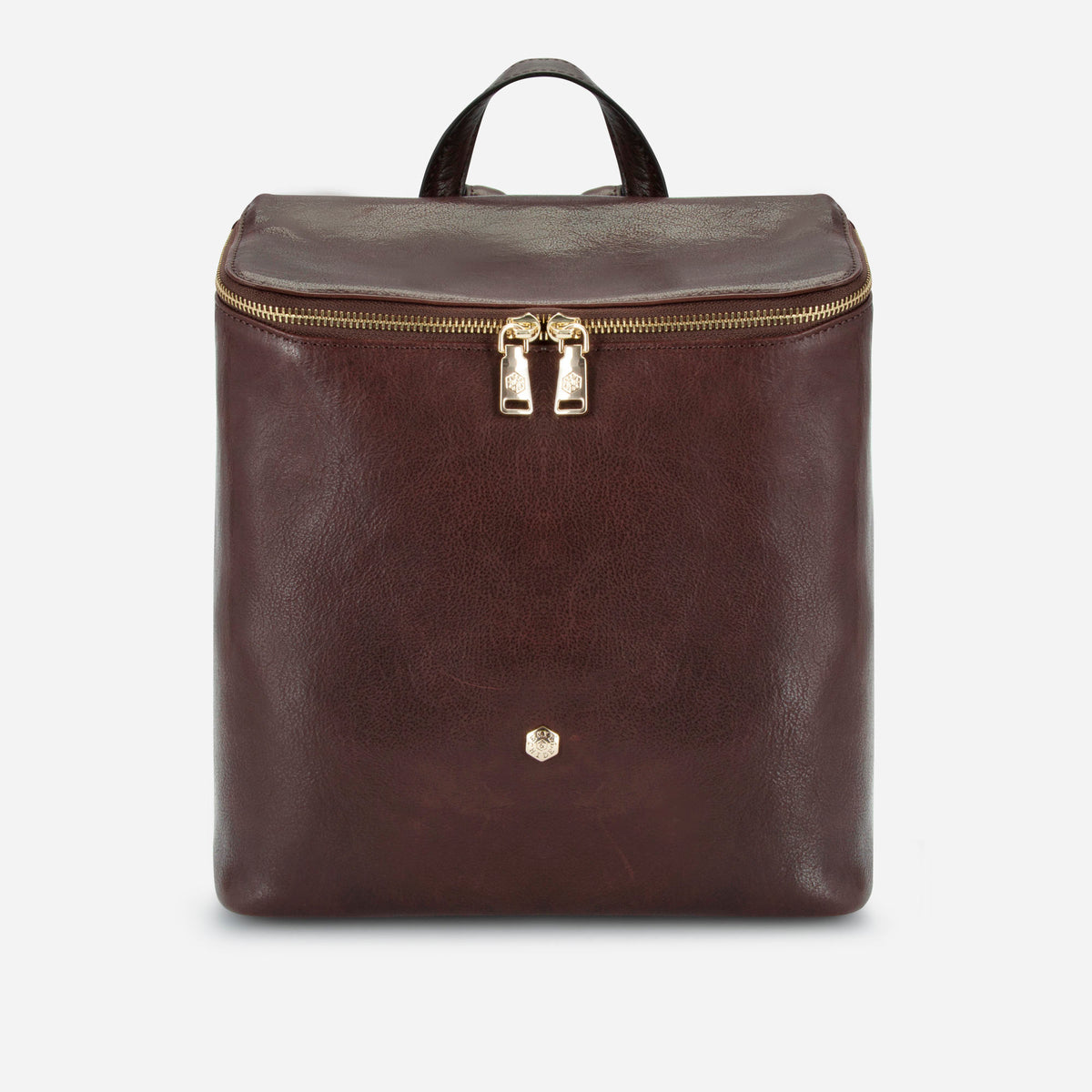 Brown leather Geneva small backpack, front view with light gold zip, Jekyll & Hide