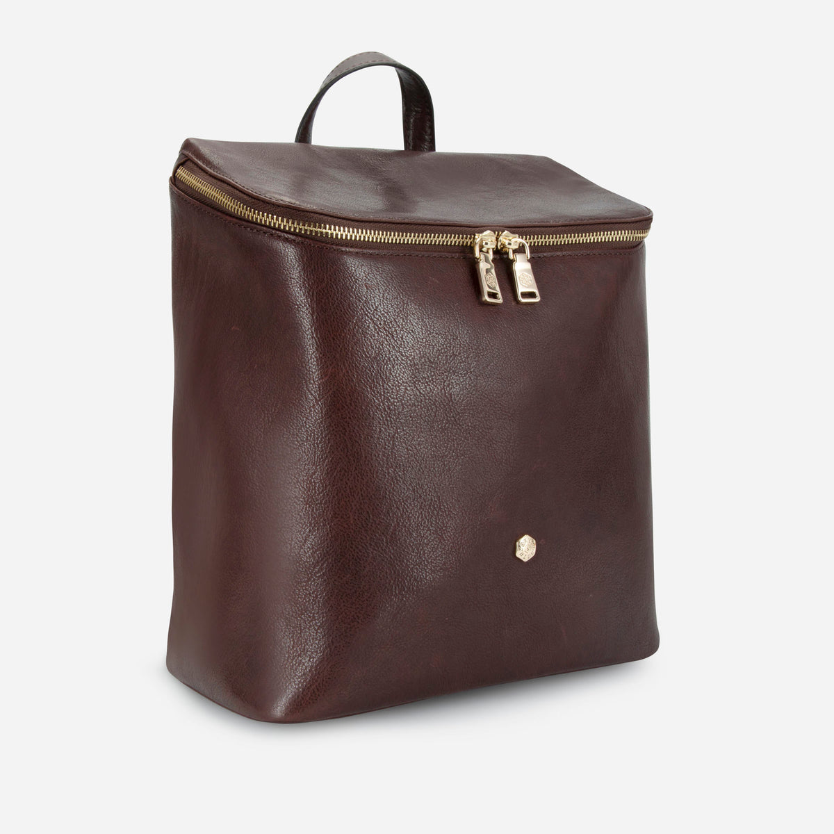 Brown leather Geneva small backpack, angled view, Jekyll & Hide