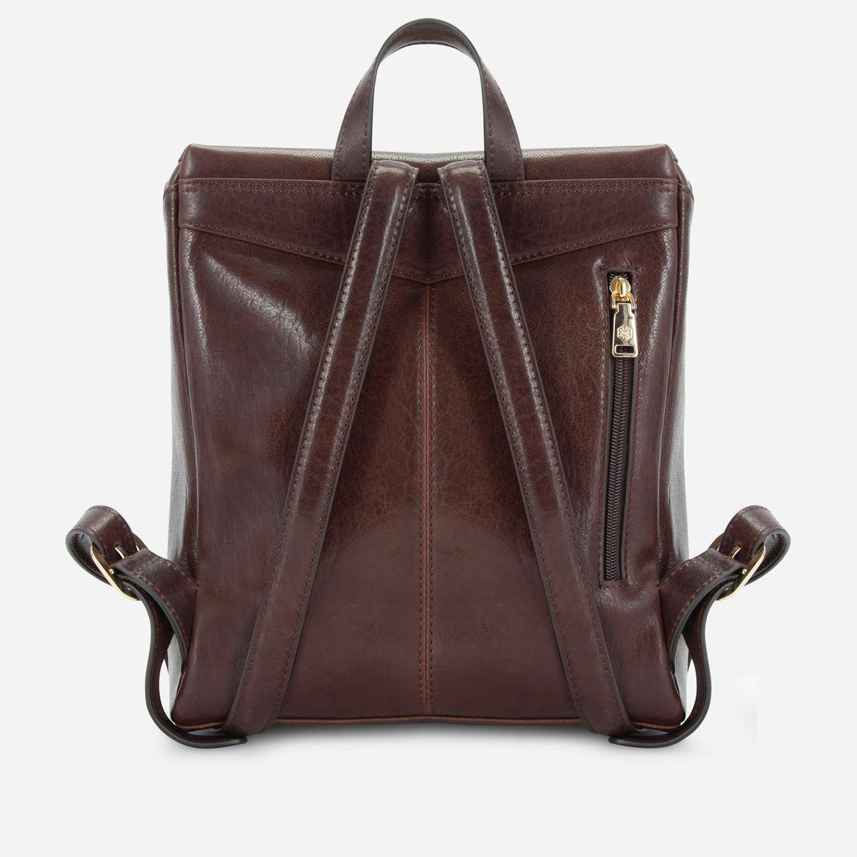 Brown leather Geneva small backpack, back view showing the adjustable straps and zip pocket, Jekyll & Hide