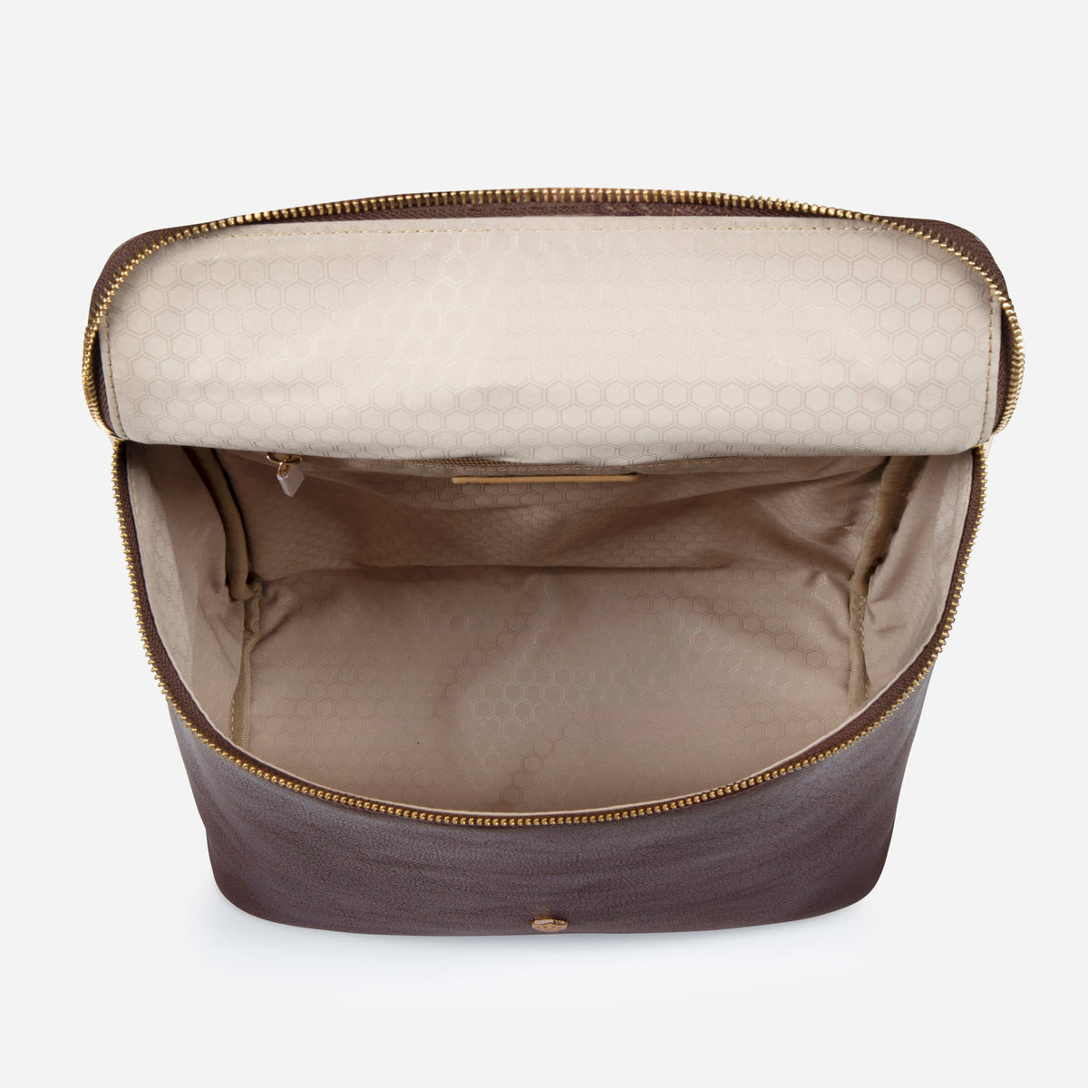 Brown leather Geneva small backpack open, showing the stone lining and interior pockets, Jekyll & Hide