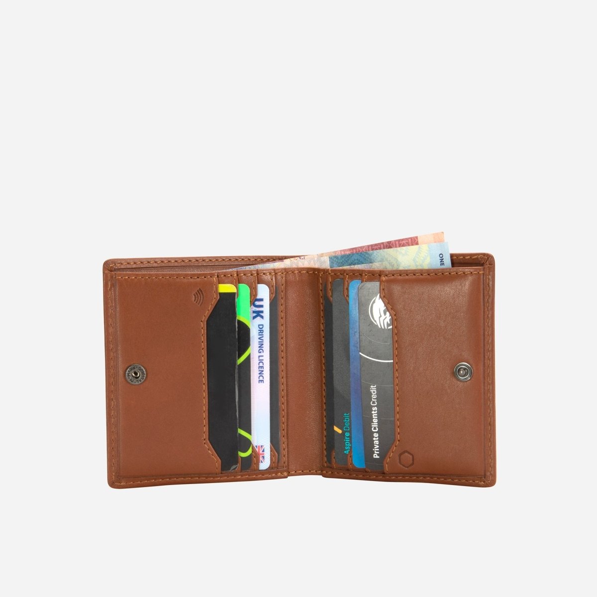 Jekyll and Hide slim bifold card holder in tan with coin pocket, crafted from premium leather, inside image