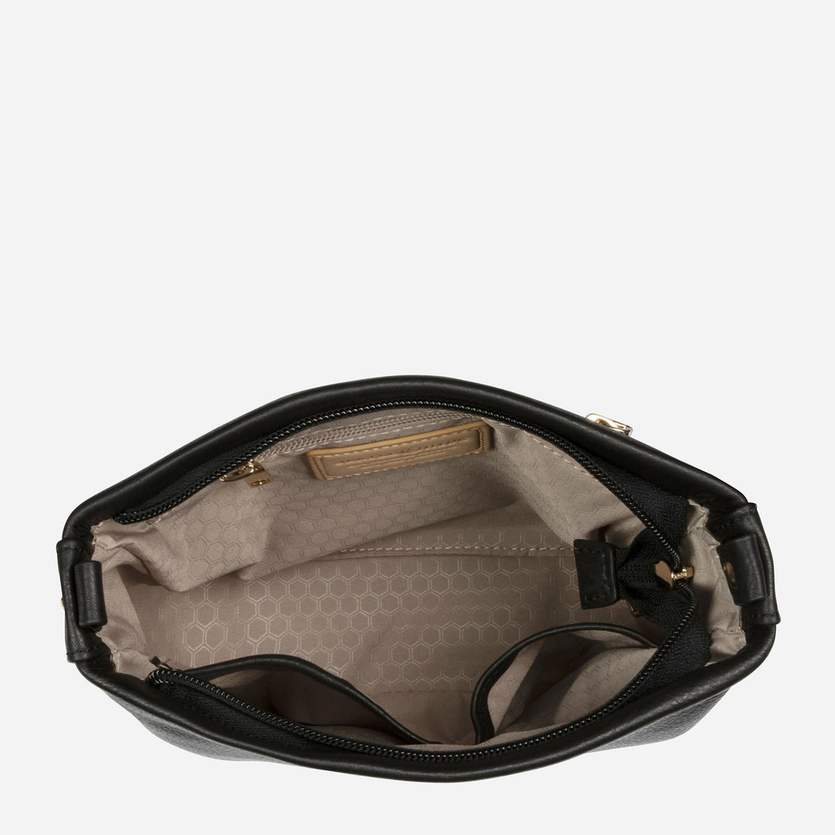 Midnight Black Crossbody Bag open, showing the beige printed lining