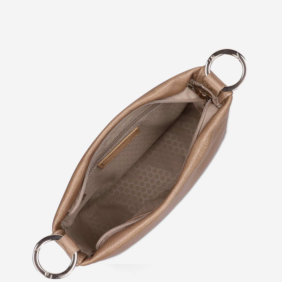 Oyster Crossbody Bag unzipped from above, showing the empty beige lined compartment