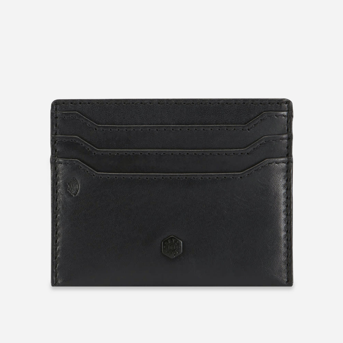 Front of the black leather Card Holder with stacked card slots and hexagonal logo