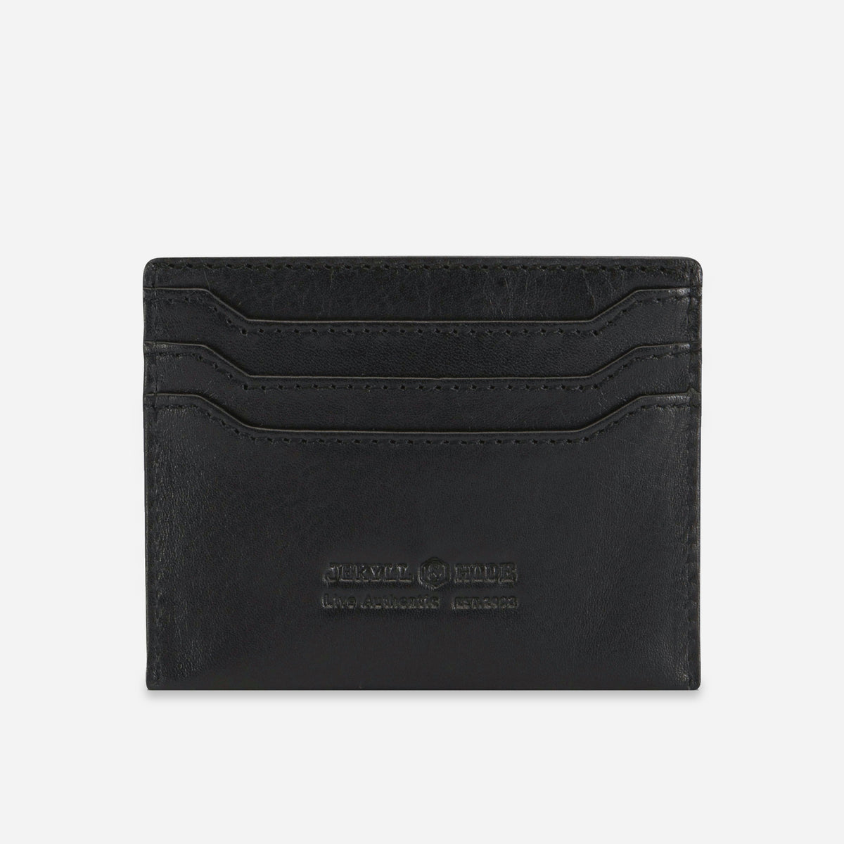 Back of the black leather Card Holder with debossed Jekyll & Hide wordmark