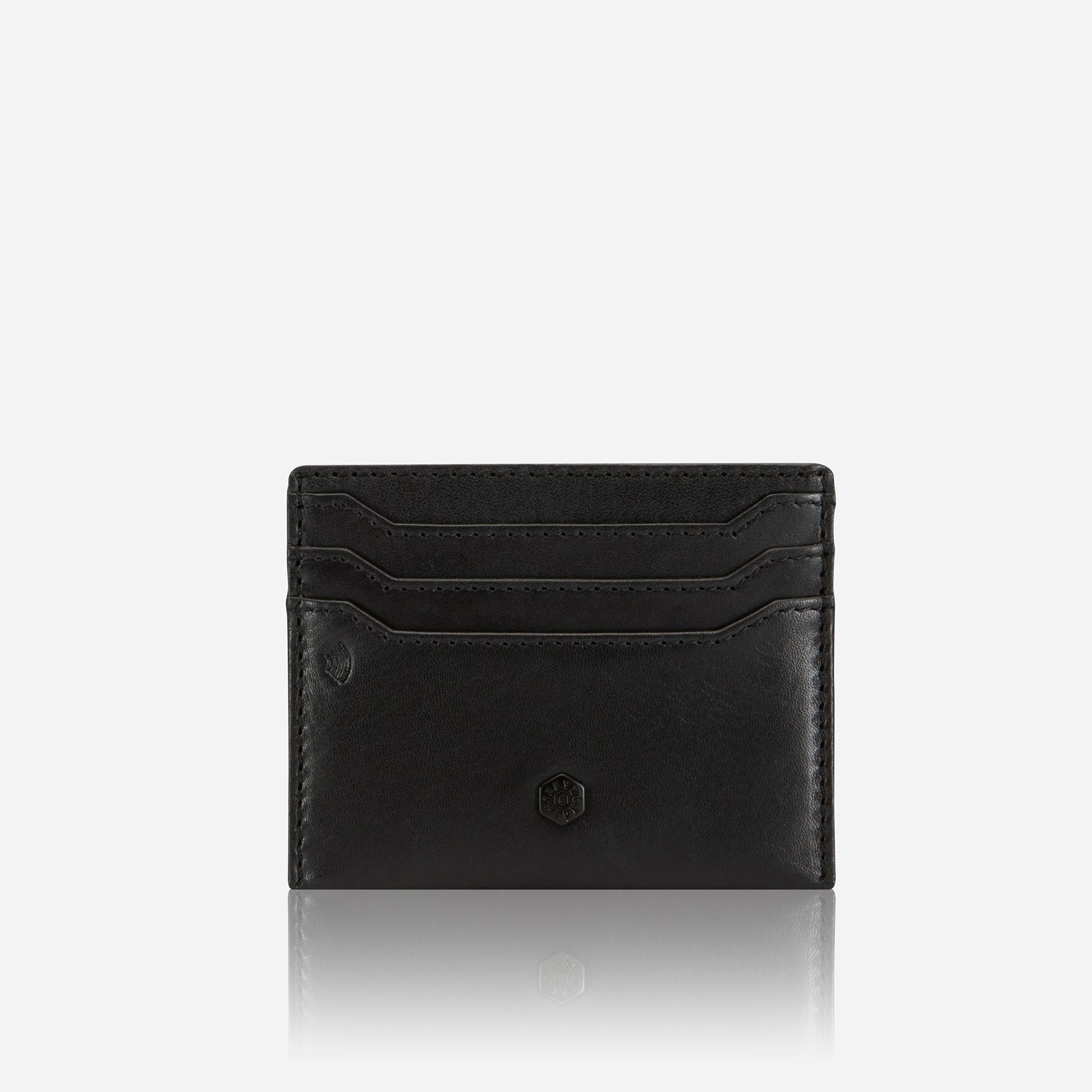 Black leather slim card holder with three card slots, front view – Jekyll & Hide