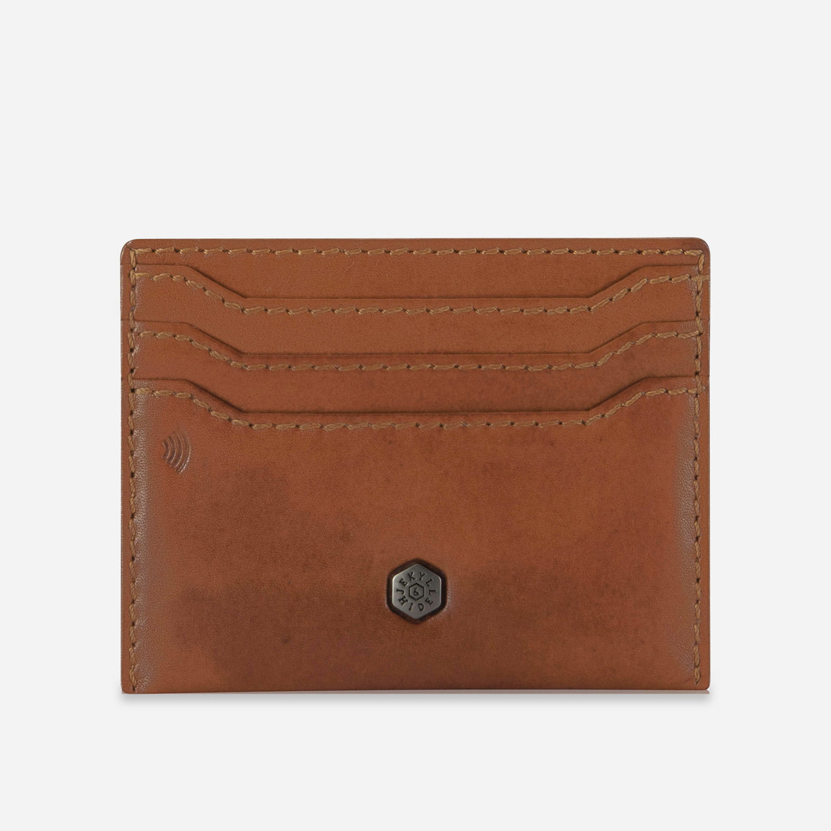 Front of the Clay tan leather Card Holder with stacked card slots and hexagonal logo