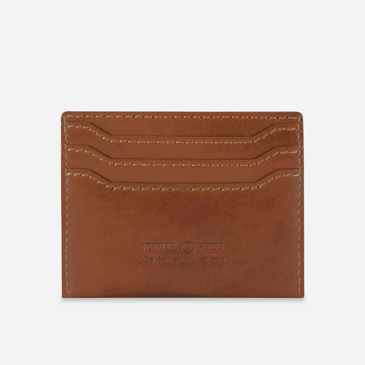 Back of the Clay tan leather Card Holder with debossed Jekyll & Hide wordmark