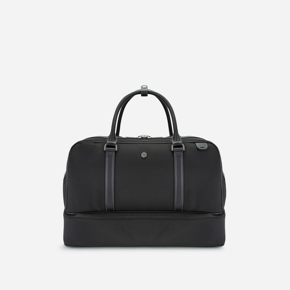 Black nylon and leather Tokyo golf duffle, front view with branded rivet, Jekyll & Hide