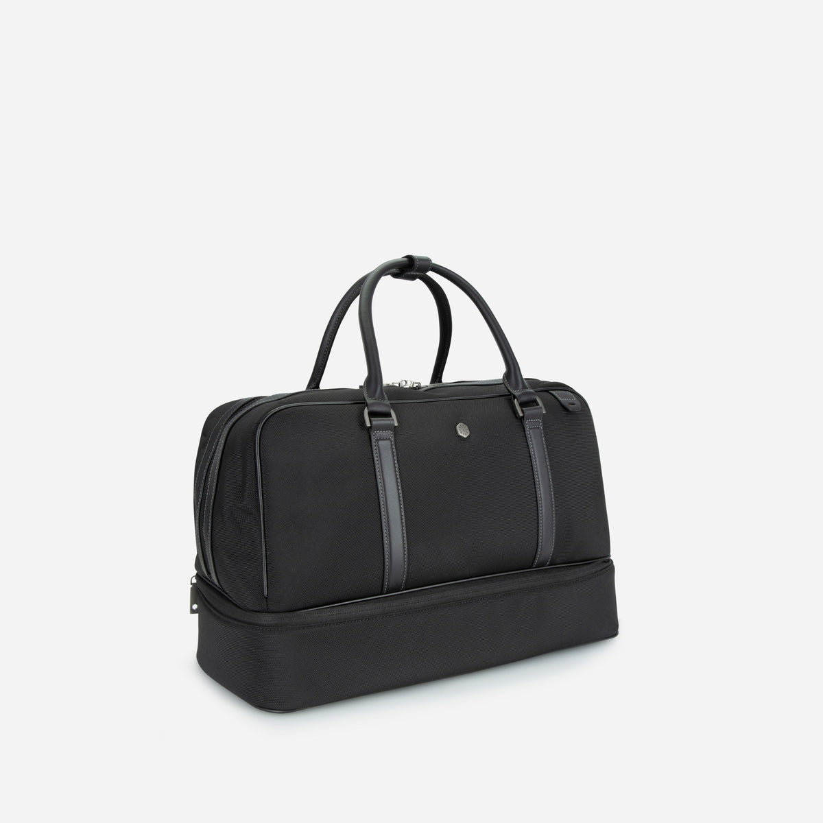 Black Tokyo golf duffle, angled view showing the two compartments, Jekyll & Hide