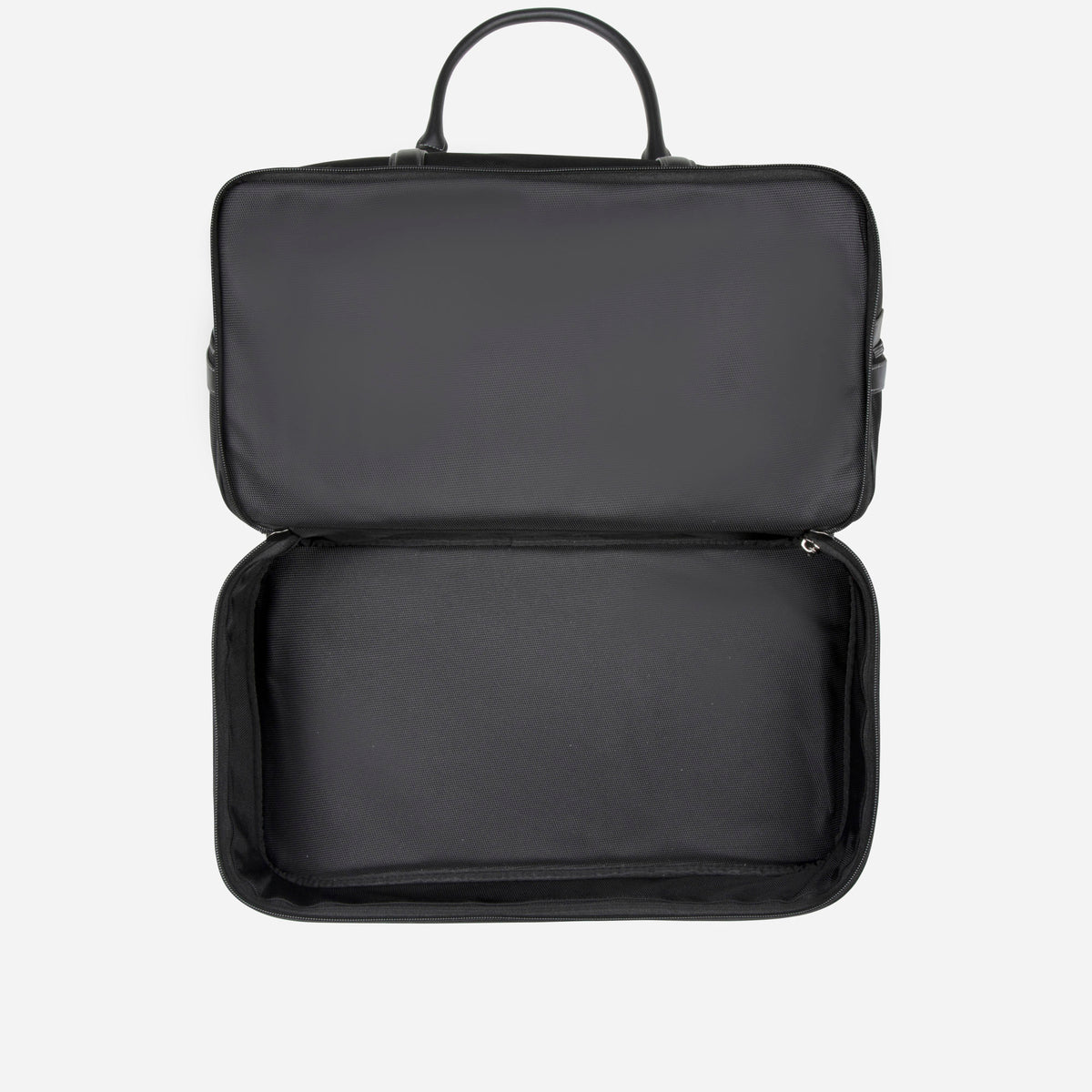 Black Tokyo golf duffle opened out, showing the lined compartments, Jekyll & Hide