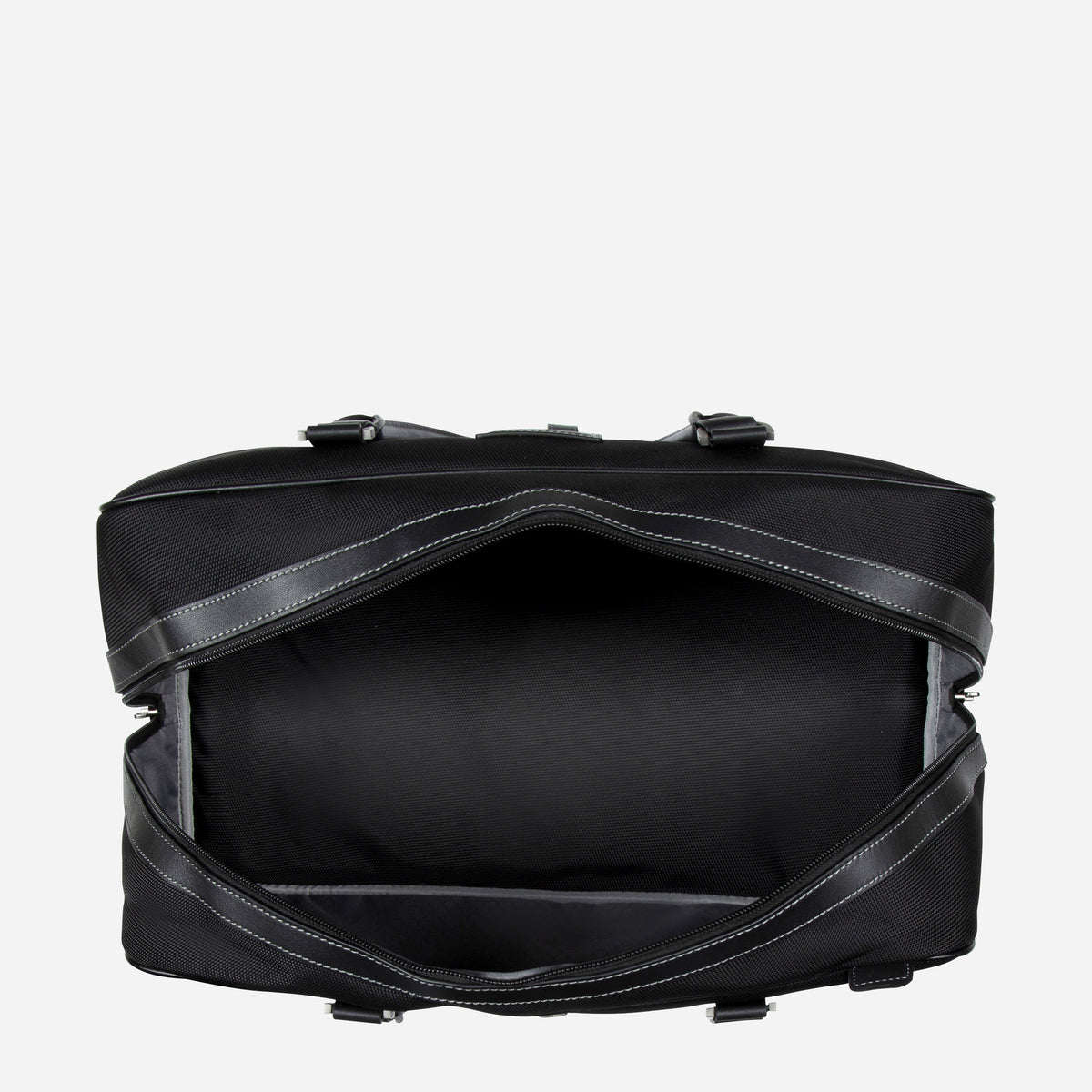 Tokyo Golf Duffle unzipped from above, showing the black lined main compartment
