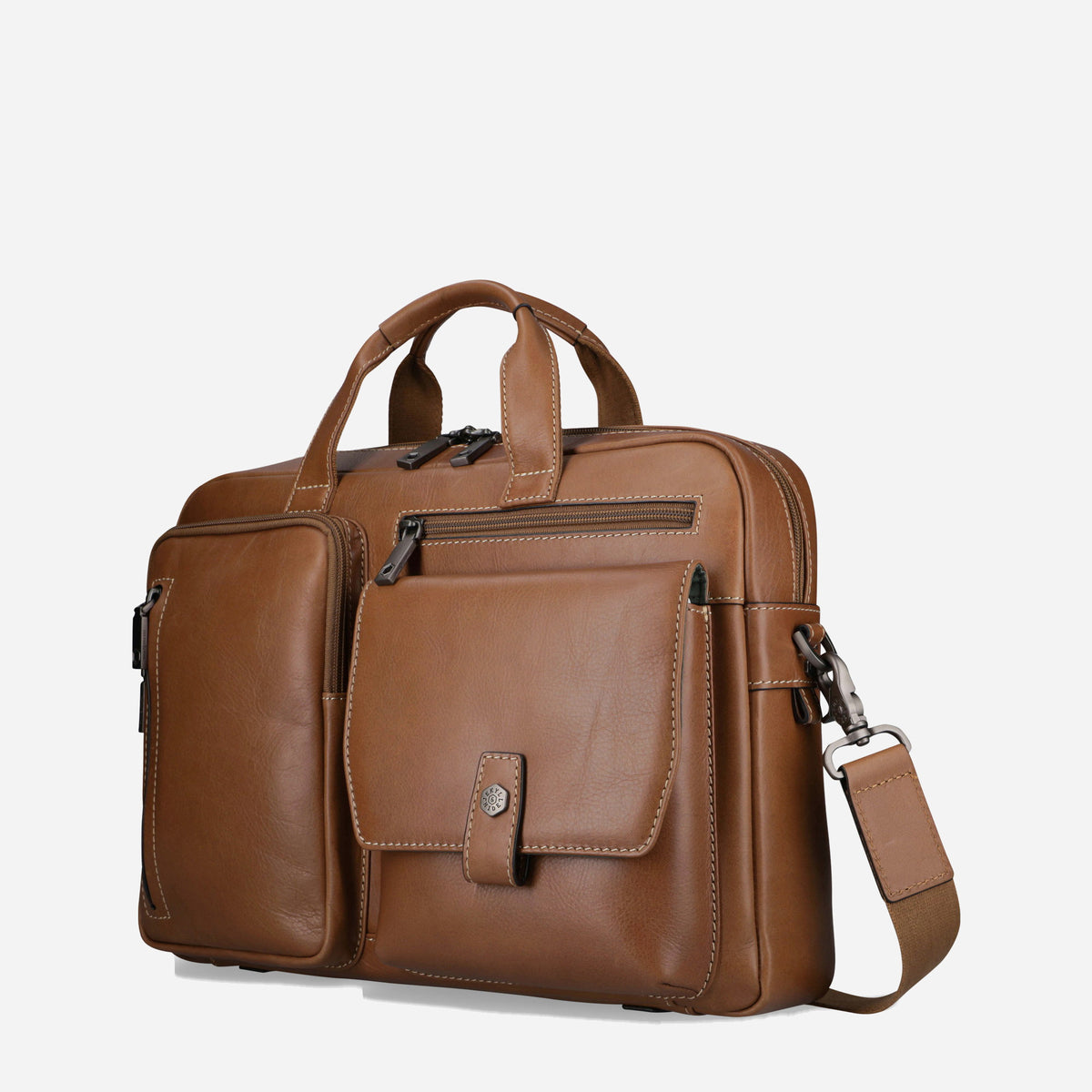 Three-quarter view of the Colt tan leather Laptop Briefcase with shoulder strap attached