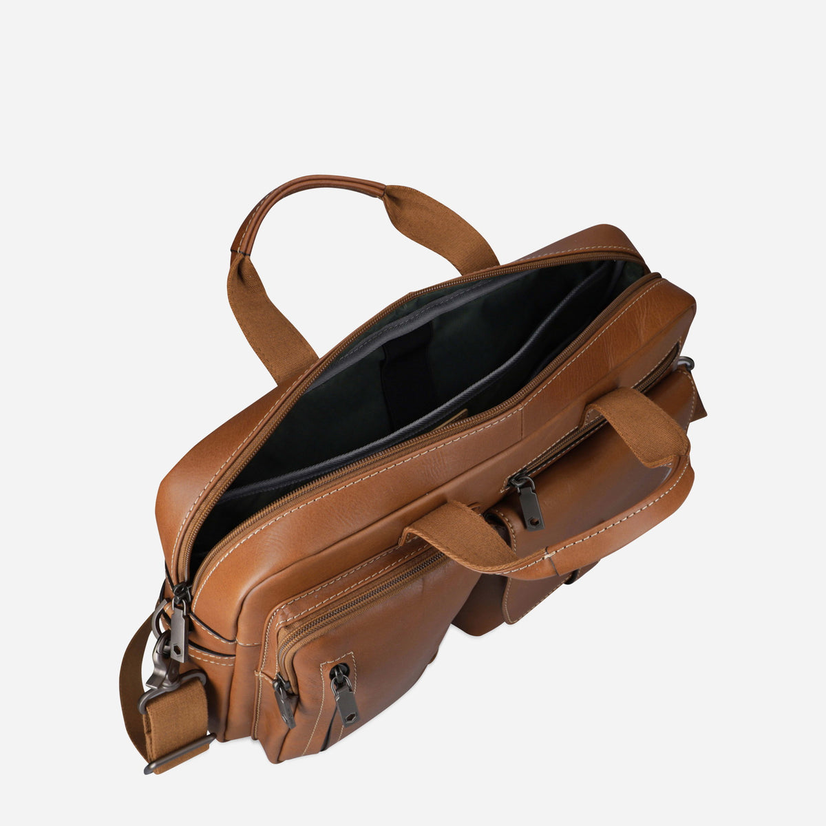 Colt leather Laptop Briefcase unzipped at an angle, showing the dark lined main compartment and front pockets