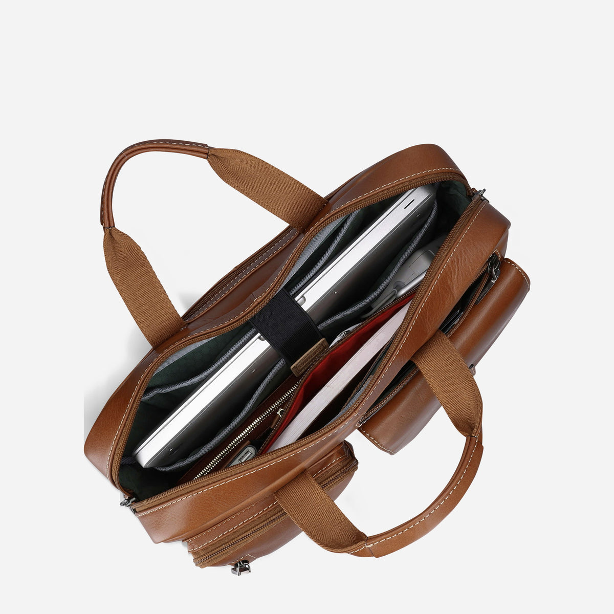 Colt tan leather Laptop Briefcase open, showing a laptop in the padded compartment