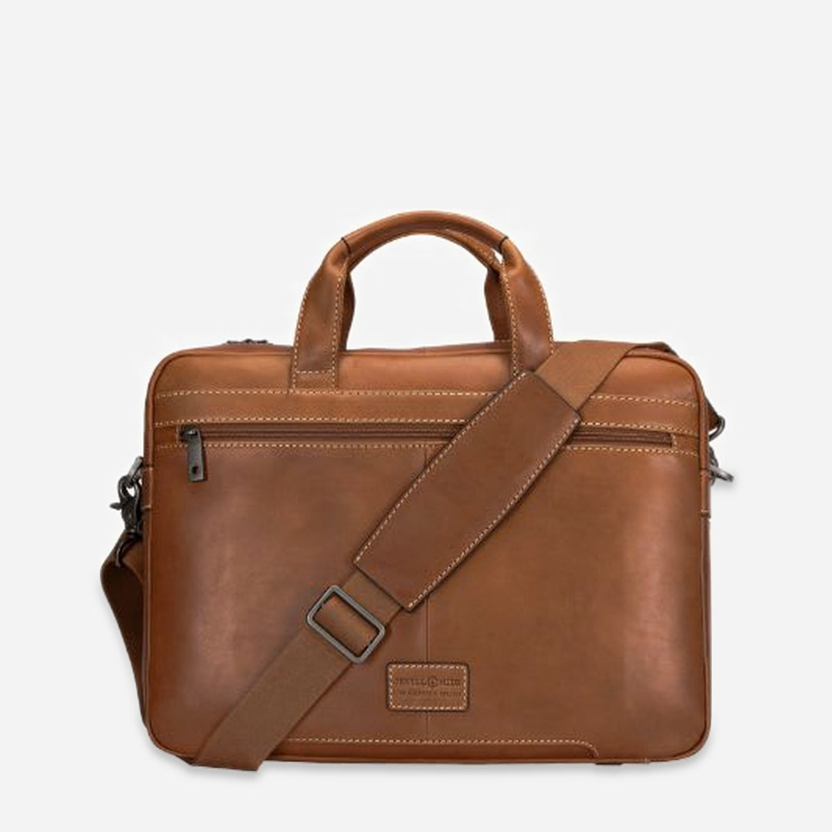 Back of the Colt tan leather Laptop Briefcase with brand plaque and adjustable shoulder strap
