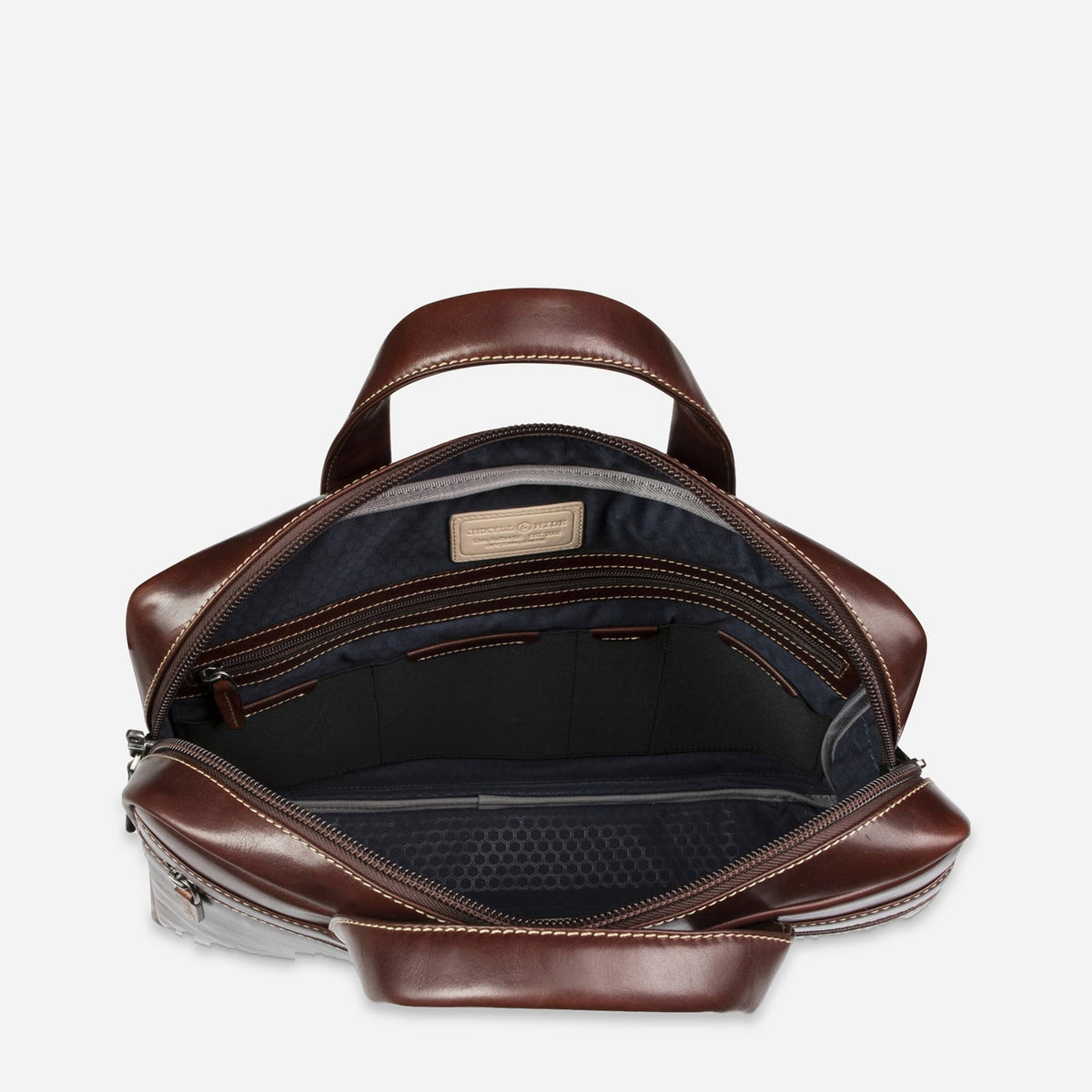 Open Mocha leather Laptop Briefcase showing the navy padded interior and organiser panel