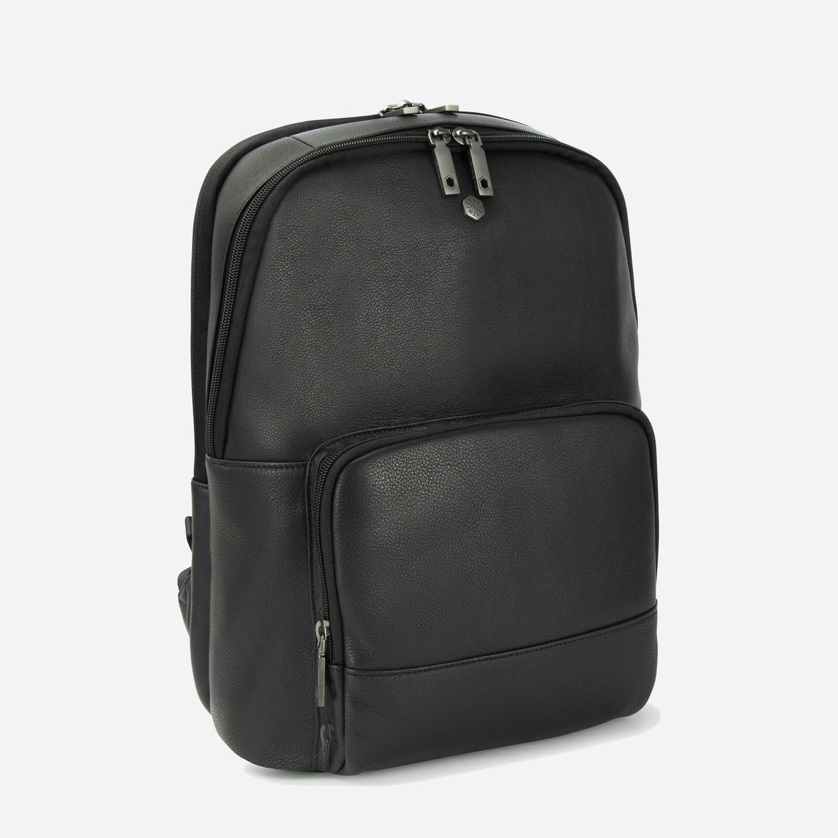 Three-quarter view of the black leather Cargo Backpack