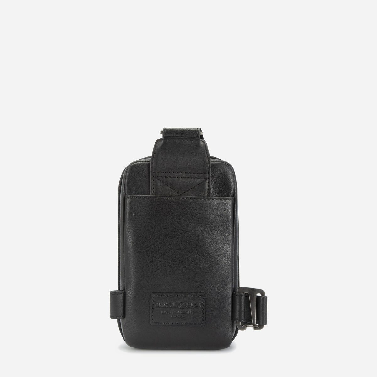 Back of the black leather Compact Crossbody with slip pocket and strap fittings