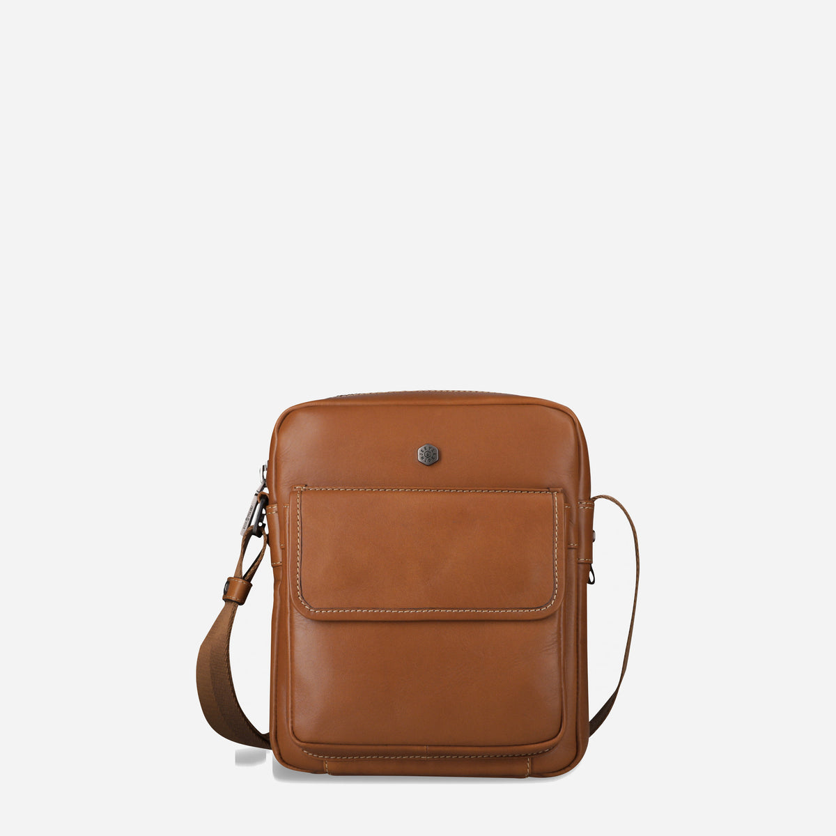 Jekyll & Hide Crossbody Organiser in Colt tan leather with flap front pocket and webbing strap