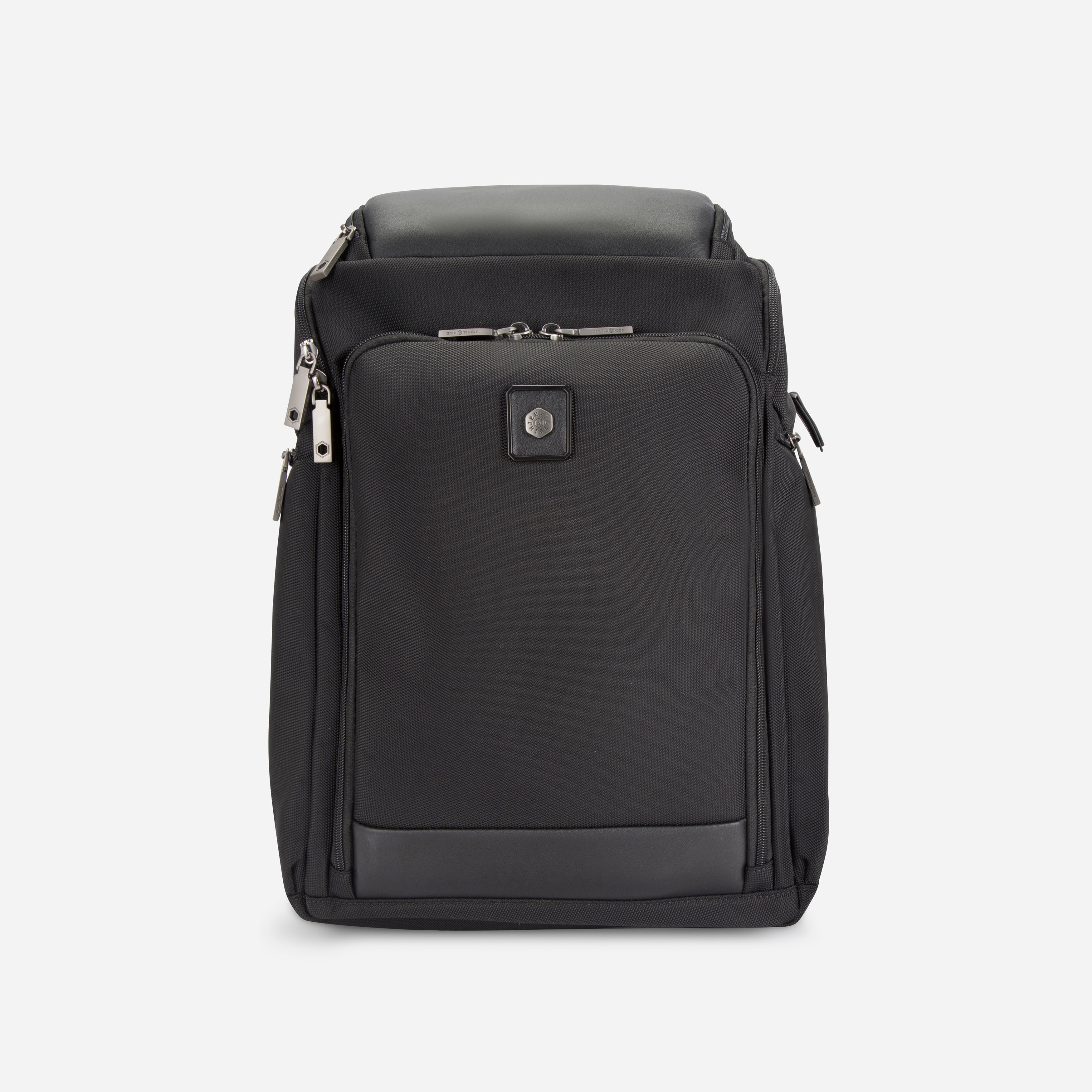 Jekyll & Hide Tokyo Flip-Top Backpack in Black, front view with the leather lid and front zip pocket