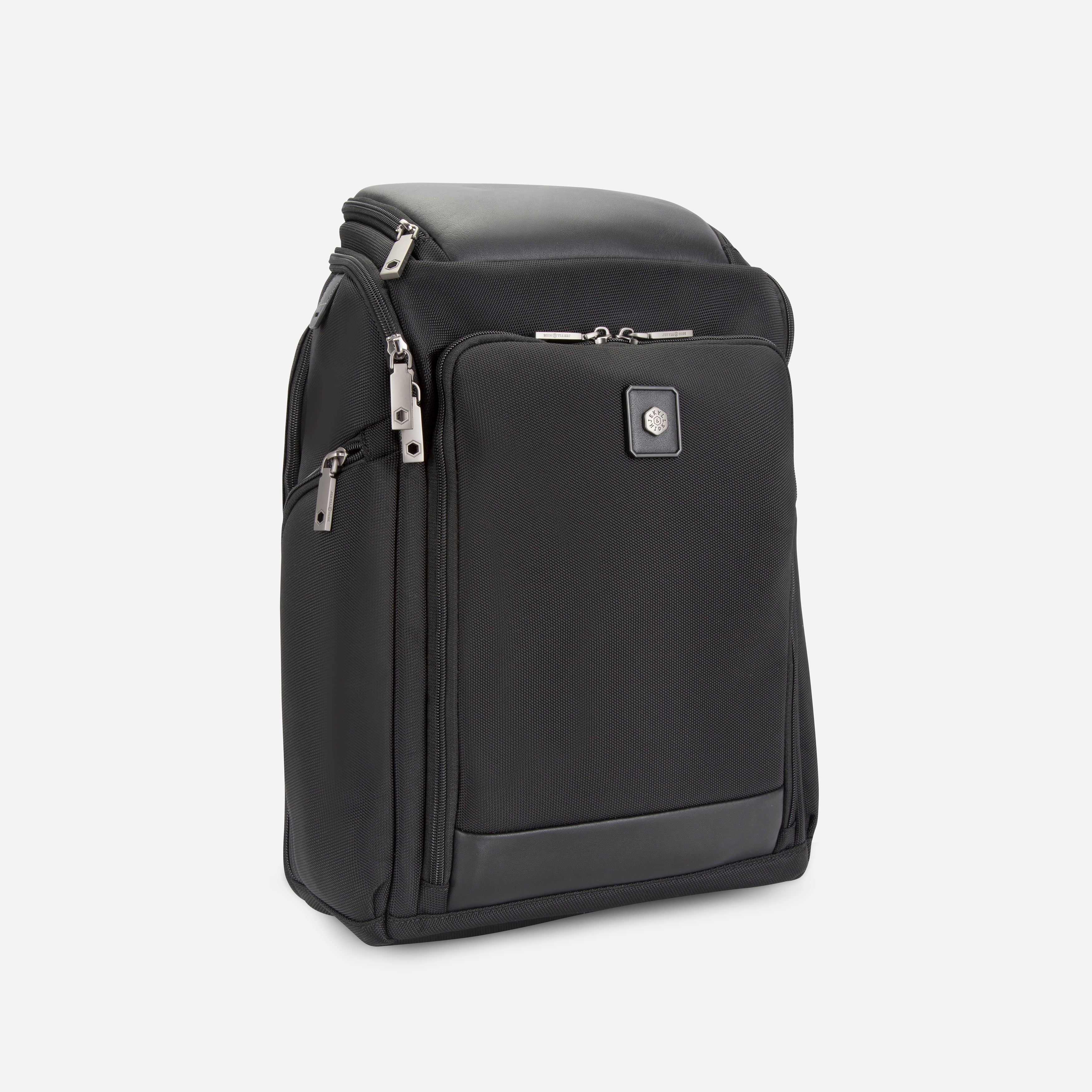 Jekyll & Hide Tokyo Flip-Top Backpack in Black, three-quarter front view showing the side zip pocket