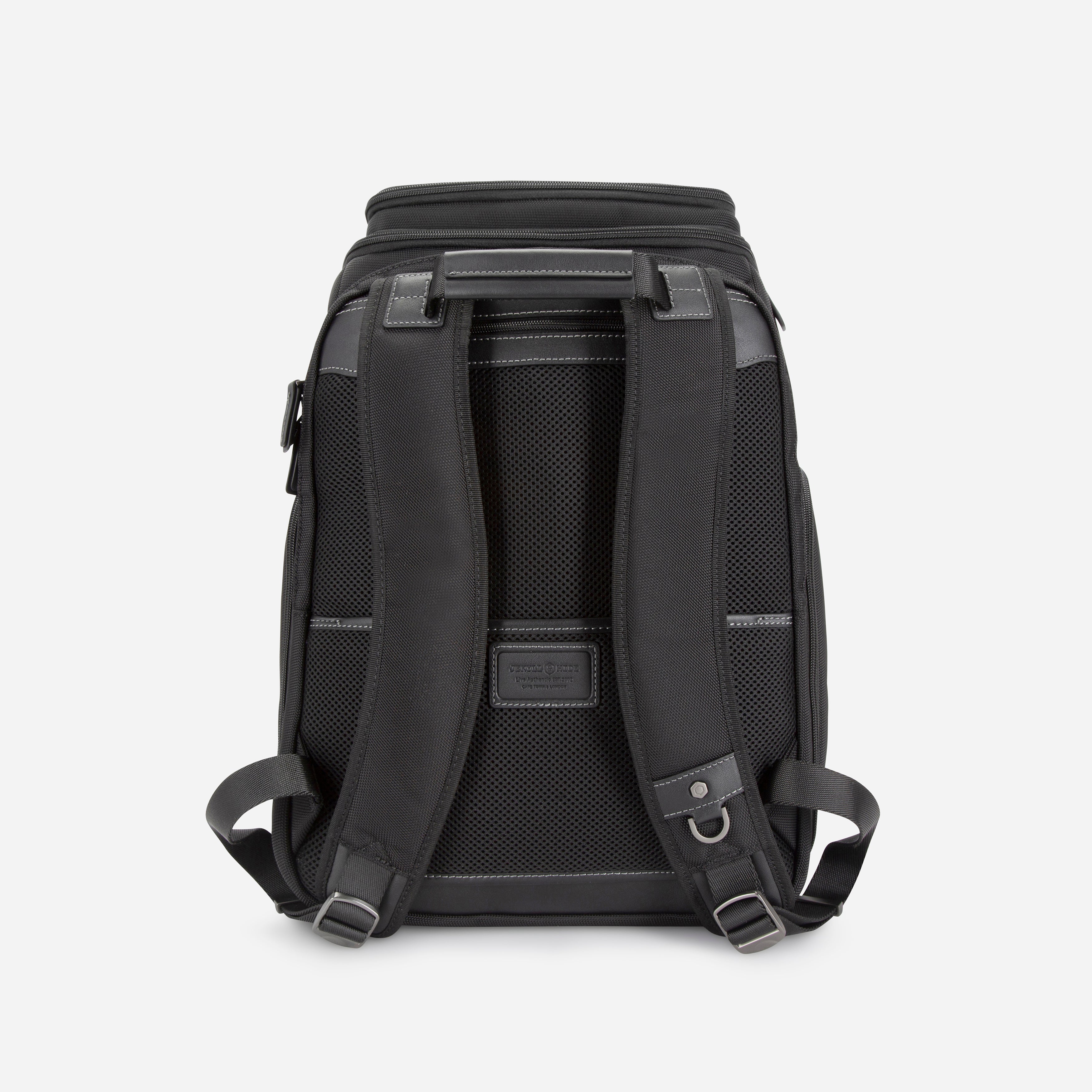Jekyll & Hide Tokyo Flip-Top Backpack in Black, back view with the padded mesh panel, contoured straps and trolley sleeve