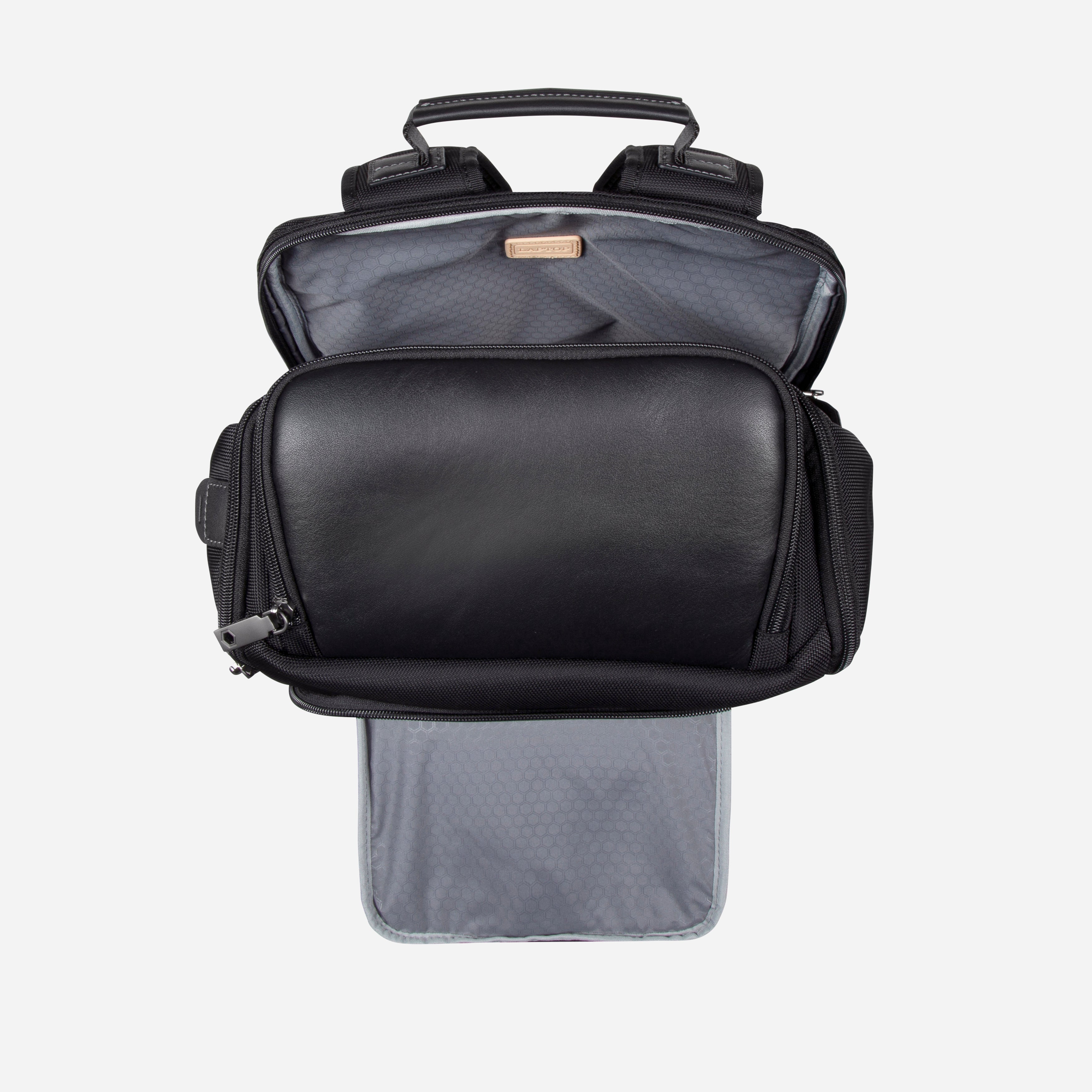 Jekyll & Hide Tokyo Flip-Top Backpack in Black, opened from above showing the top compartment and monogram lining