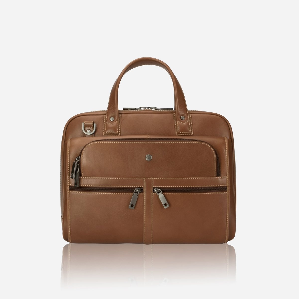 Large Multi Compartment laptop Briefcase in tan colour- Jekyll and Hide SA, front image