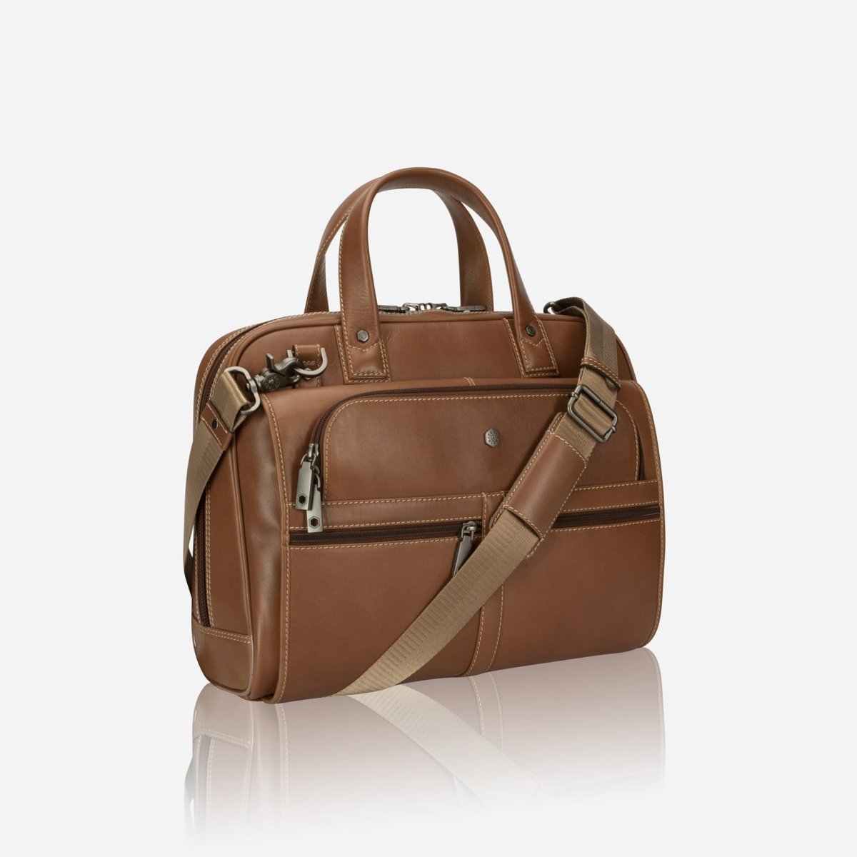 Large Multi Compartment laptop Briefcase in tan colour- Jekyll and Hide SA, side image