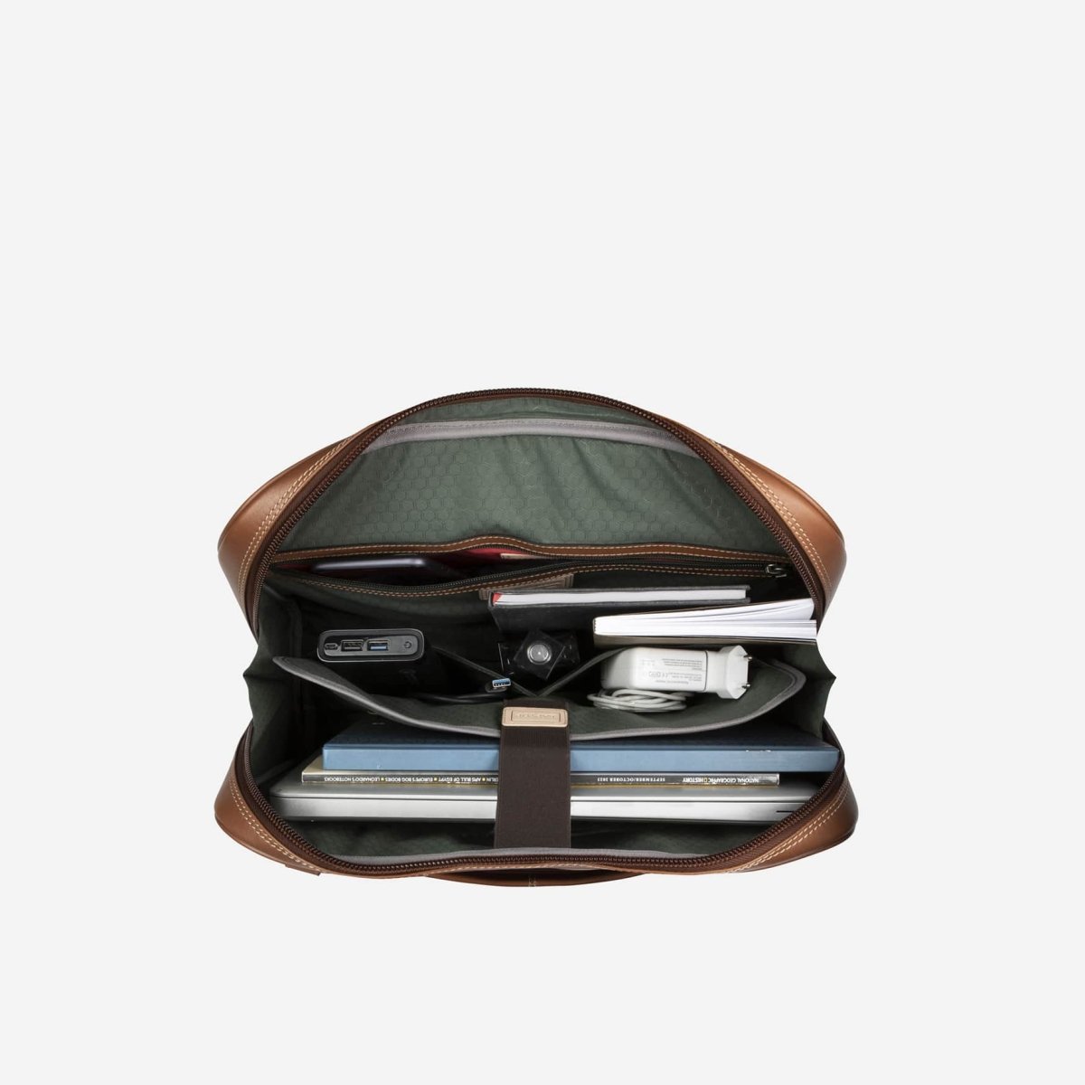 Large Multi Compartment laptop Briefcase in tan colour- Jekyll and Hide SA, inside image with props
