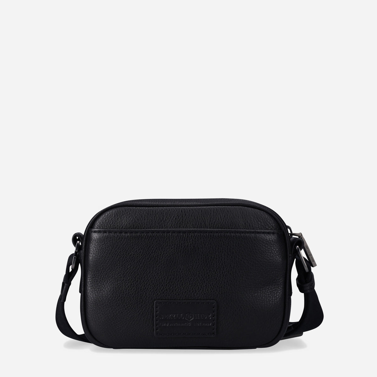 Back of the black leather Crossbody Bag with debossed plaque