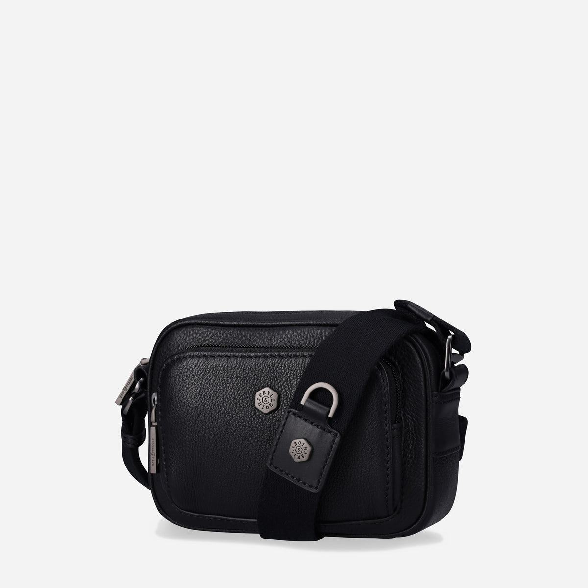 Three-quarter view of the black leather Crossbody Bag with webbing strap