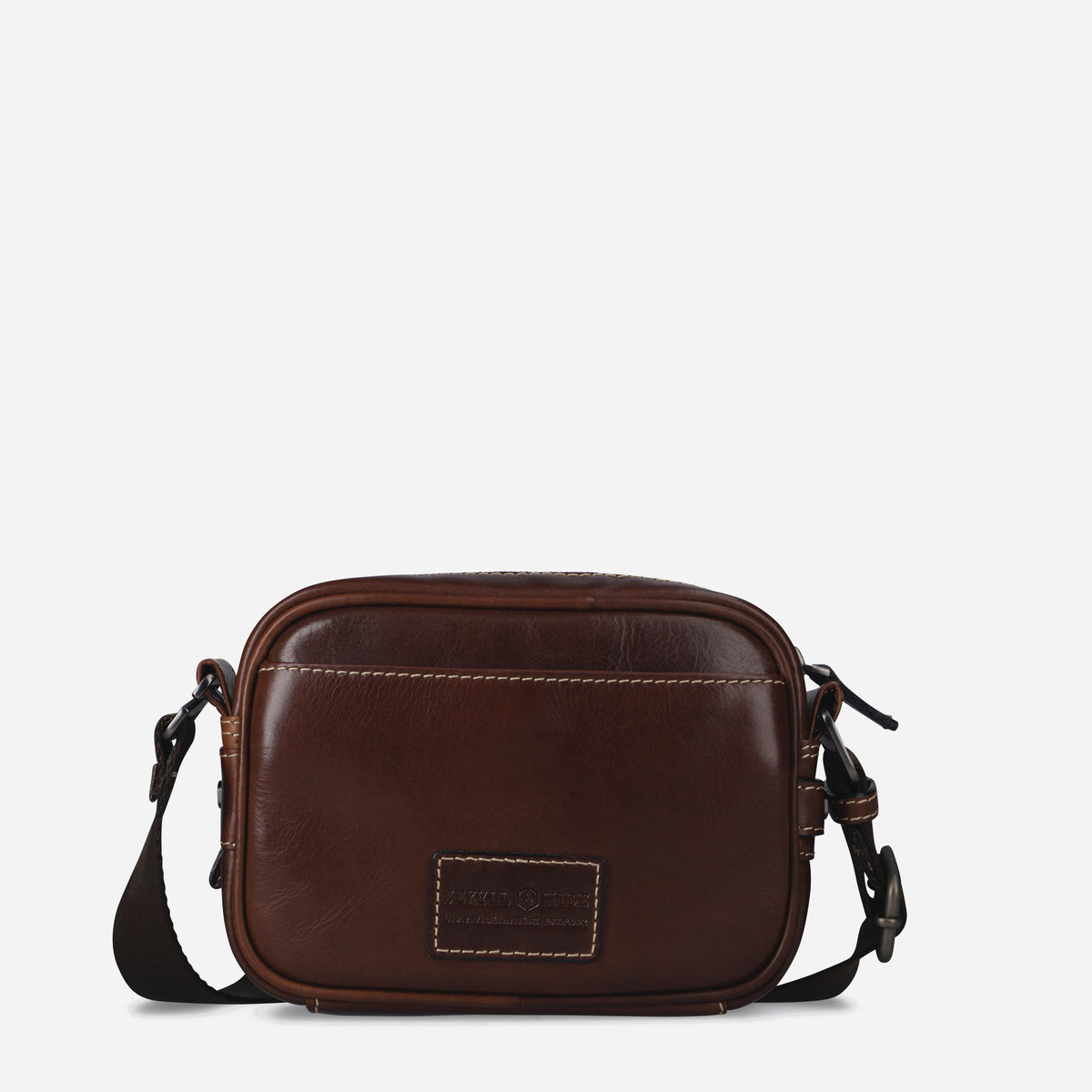 Back of the Mocha leather Crossbody Bag with brand plaque