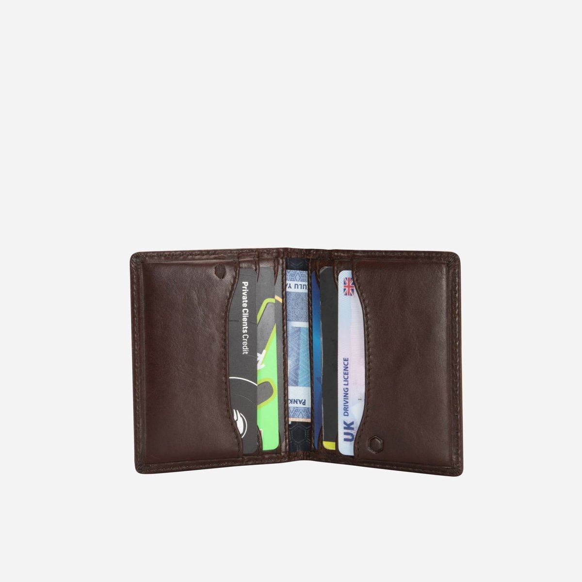 Jekyll and Hide slim leather billfold card holder in mocha colour, with multiple card slots and minimalist design, inside image