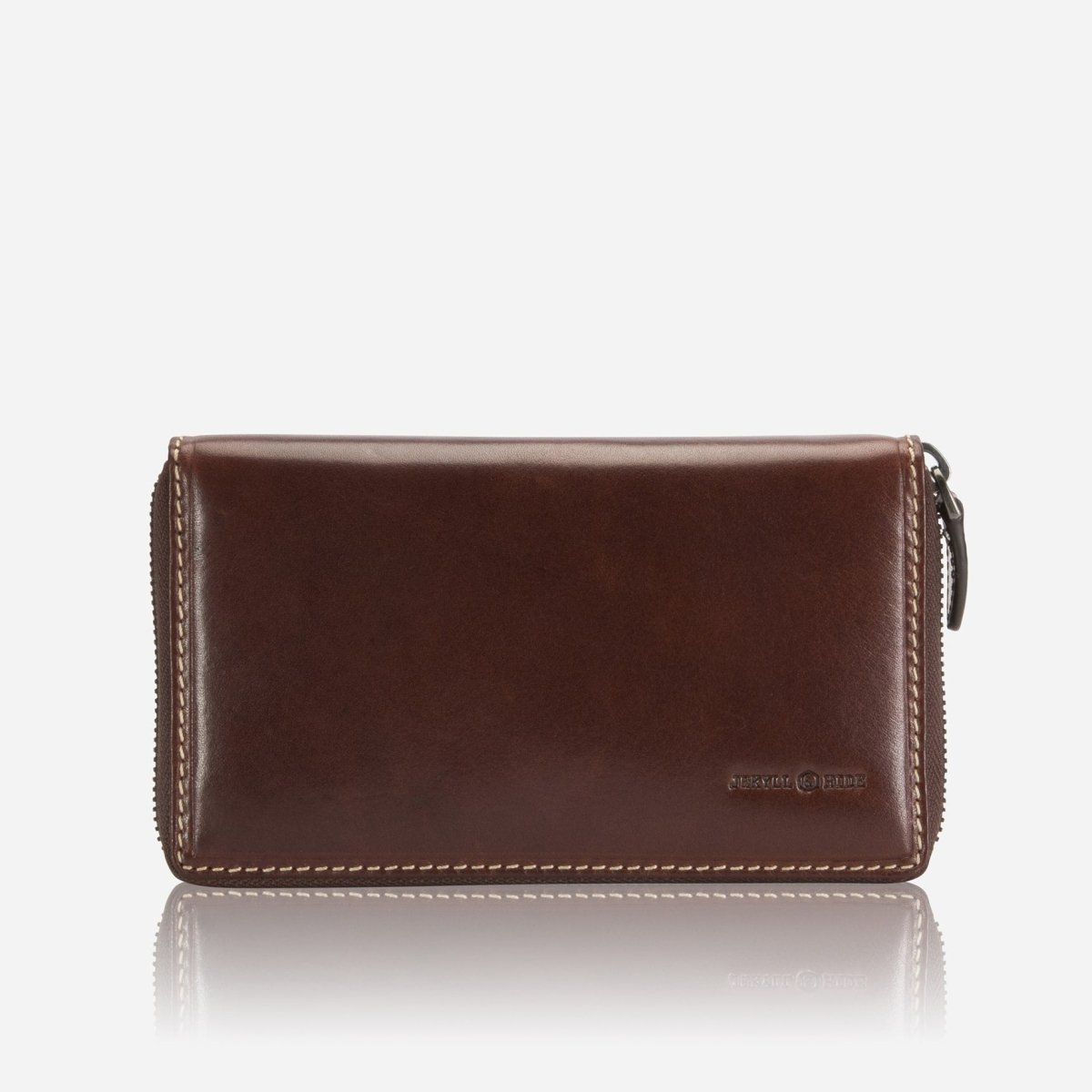Jekyll and Hide medium zip around purse in mocha leather, with multiple card slots and a secure zip closure, front image