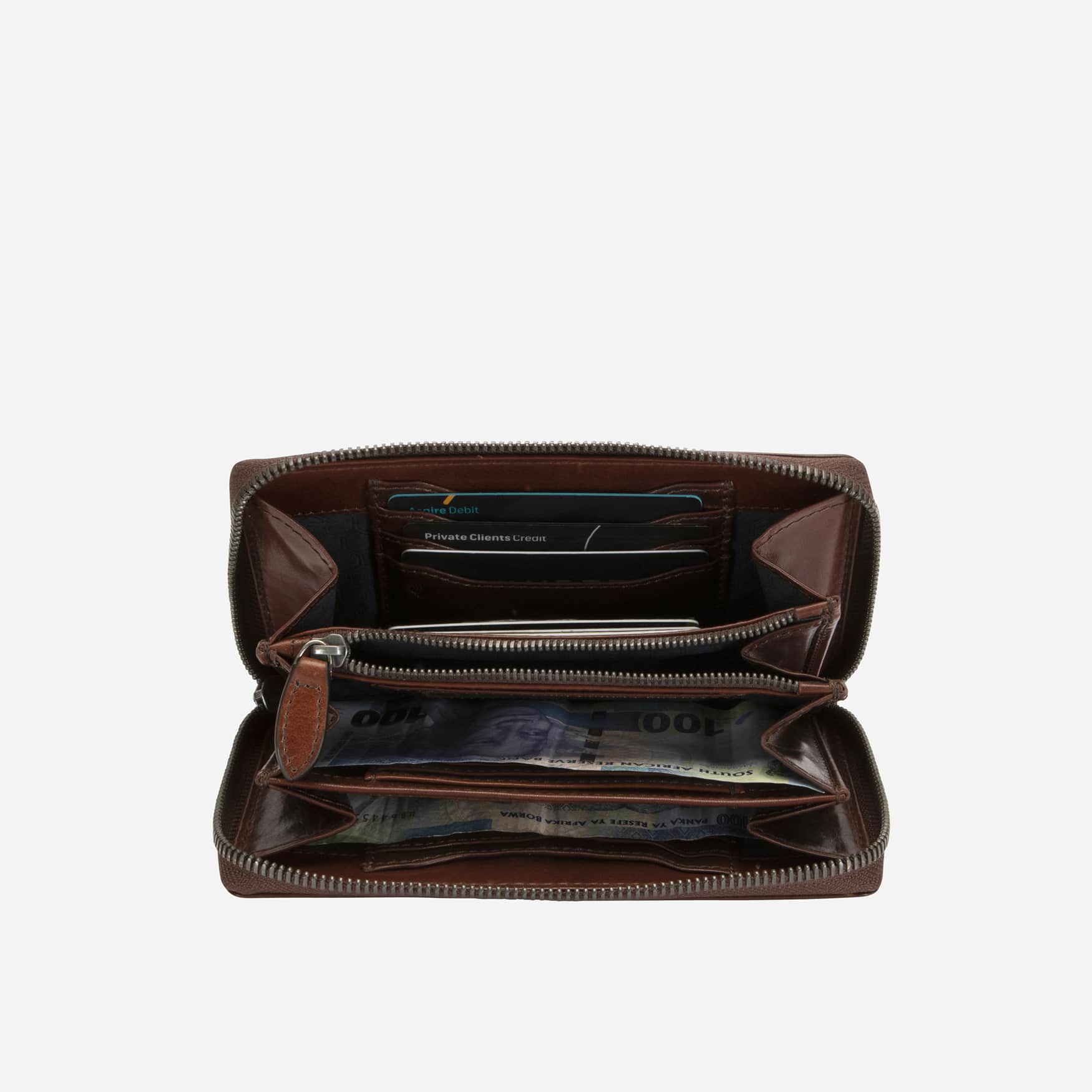 Jekyll and Hide medium zip around purse in mocha leather, with multiple card slots and a secure zip closure, inside image