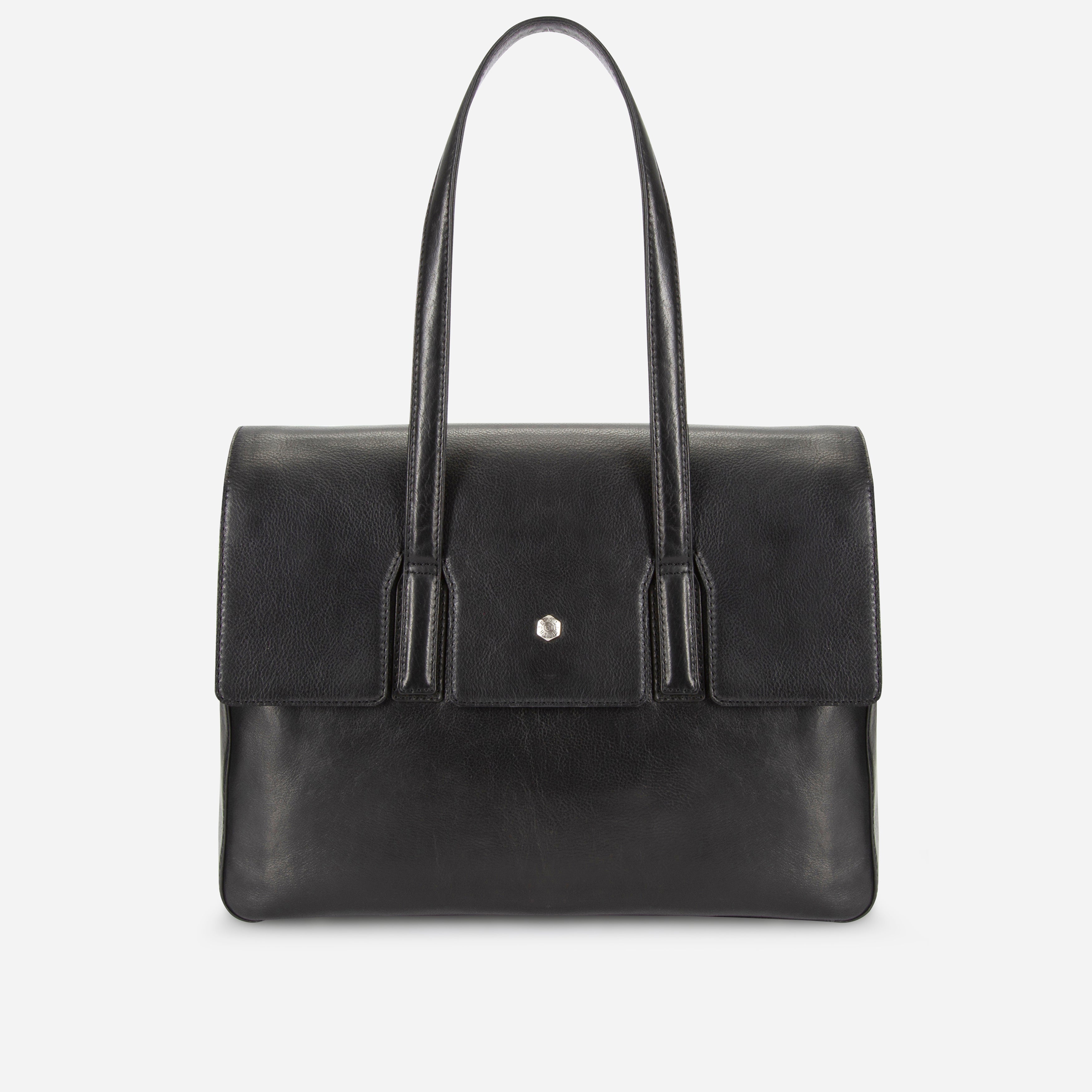 Black leather 15-inch laptop handbag with flap, front view – Jekyll & Hide