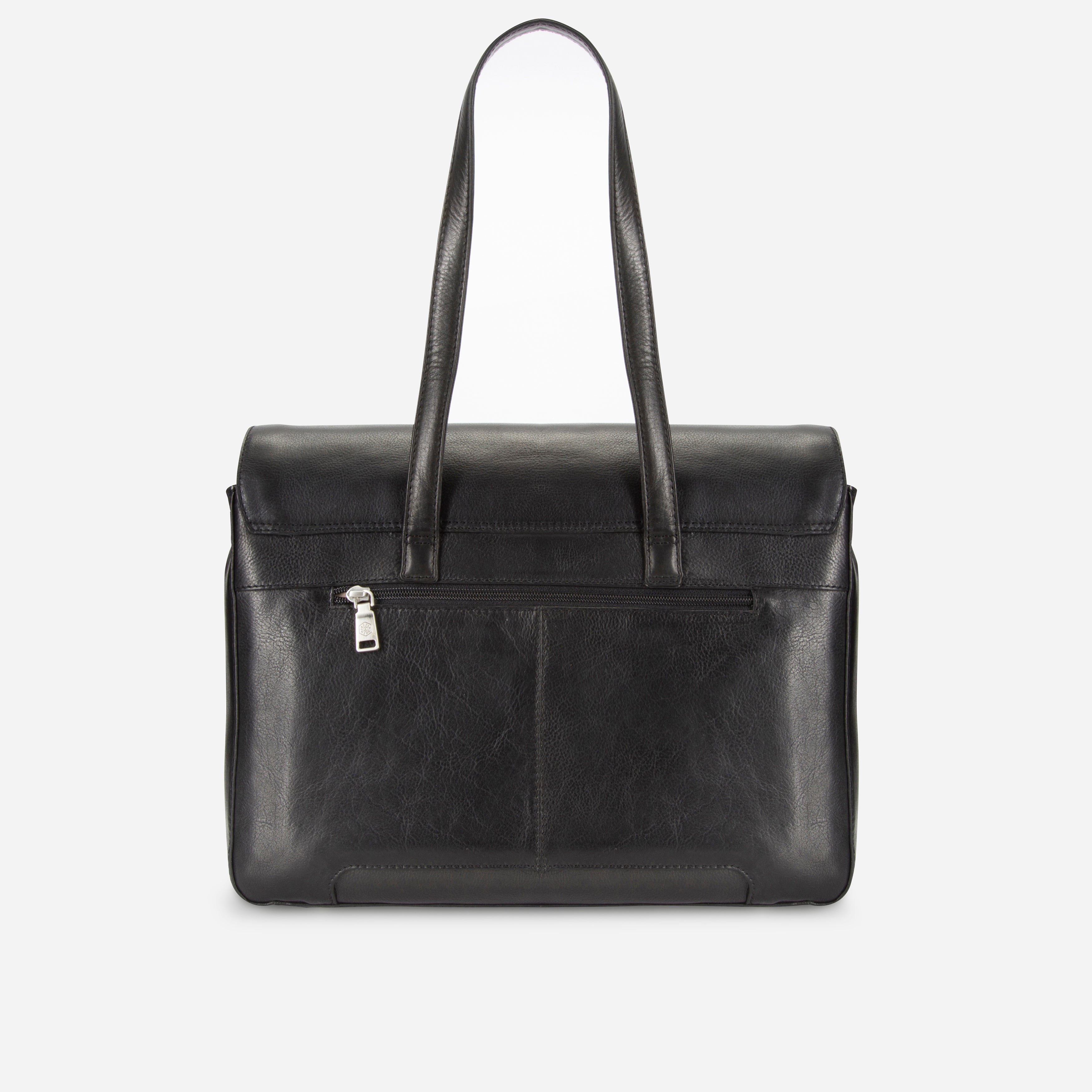 Black leather laptop handbag, front detail – Jekyll & Hide