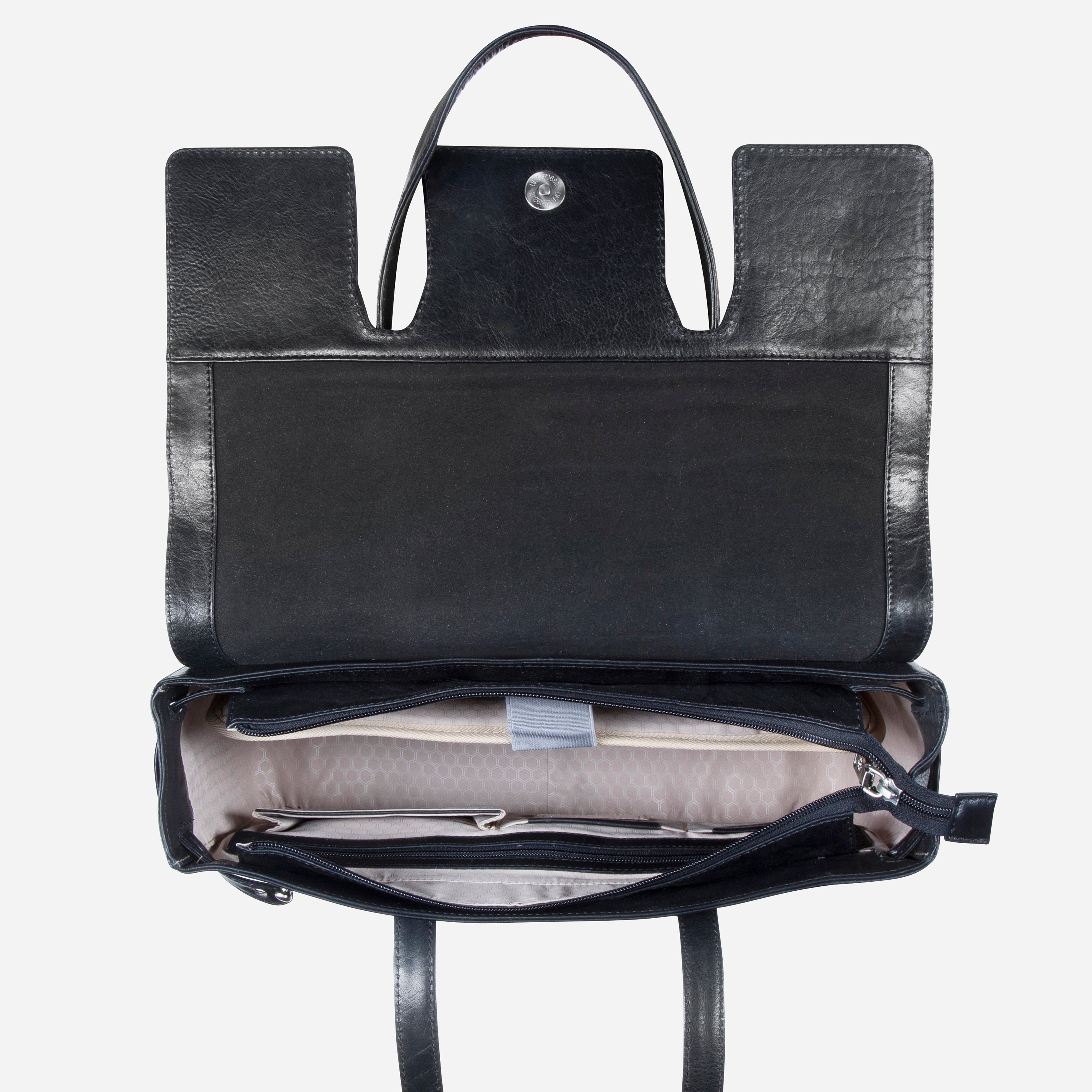 Black leather laptop handbag, back view – Jekyll & Hide