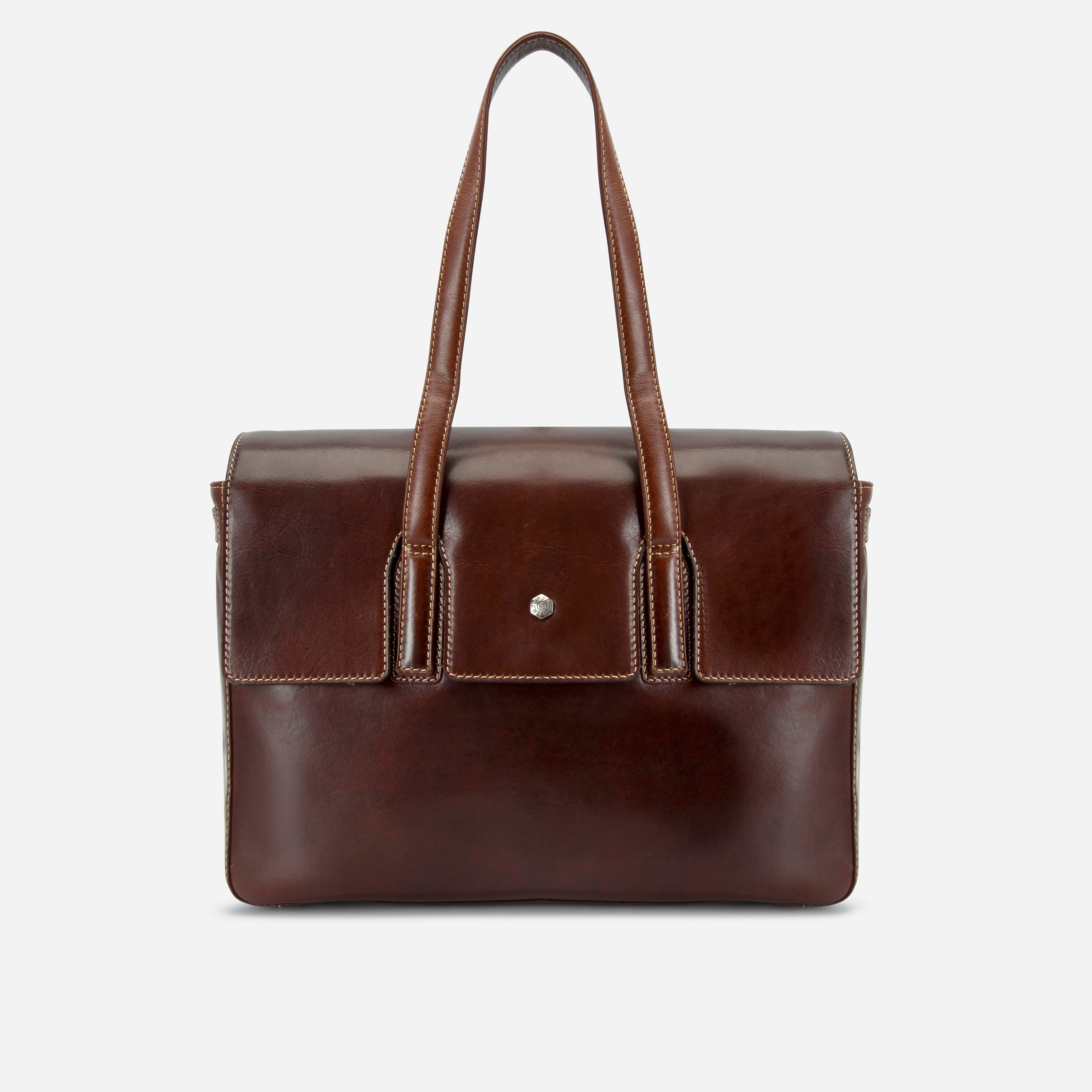 Mocha brown leather 15-inch laptop handbag with flap, front view – Jekyll & Hide