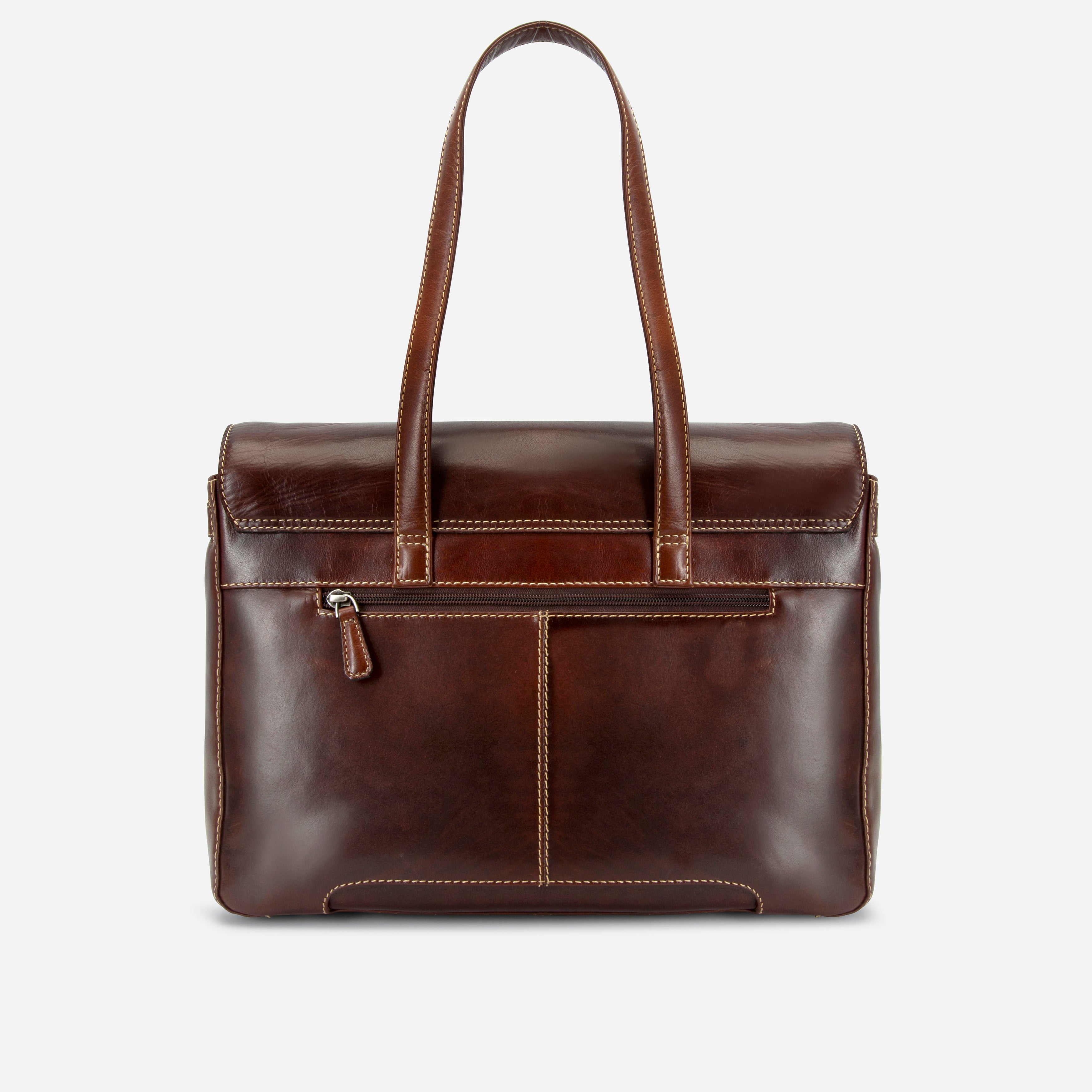 Mocha brown leather laptop handbag, front detail – Jekyll & Hide