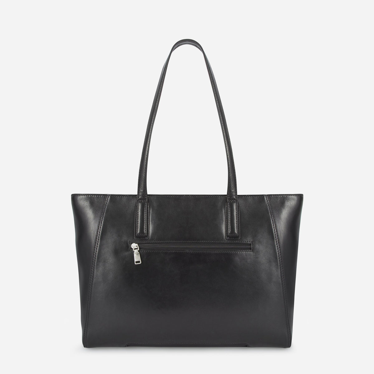 Back of the black leather Paris Shopper with its exterior zip pocket