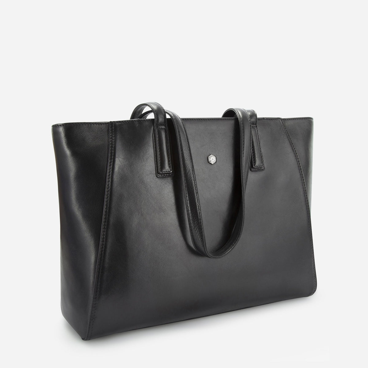 Three-quarter view of the black leather Paris Shopper showing its tapered body