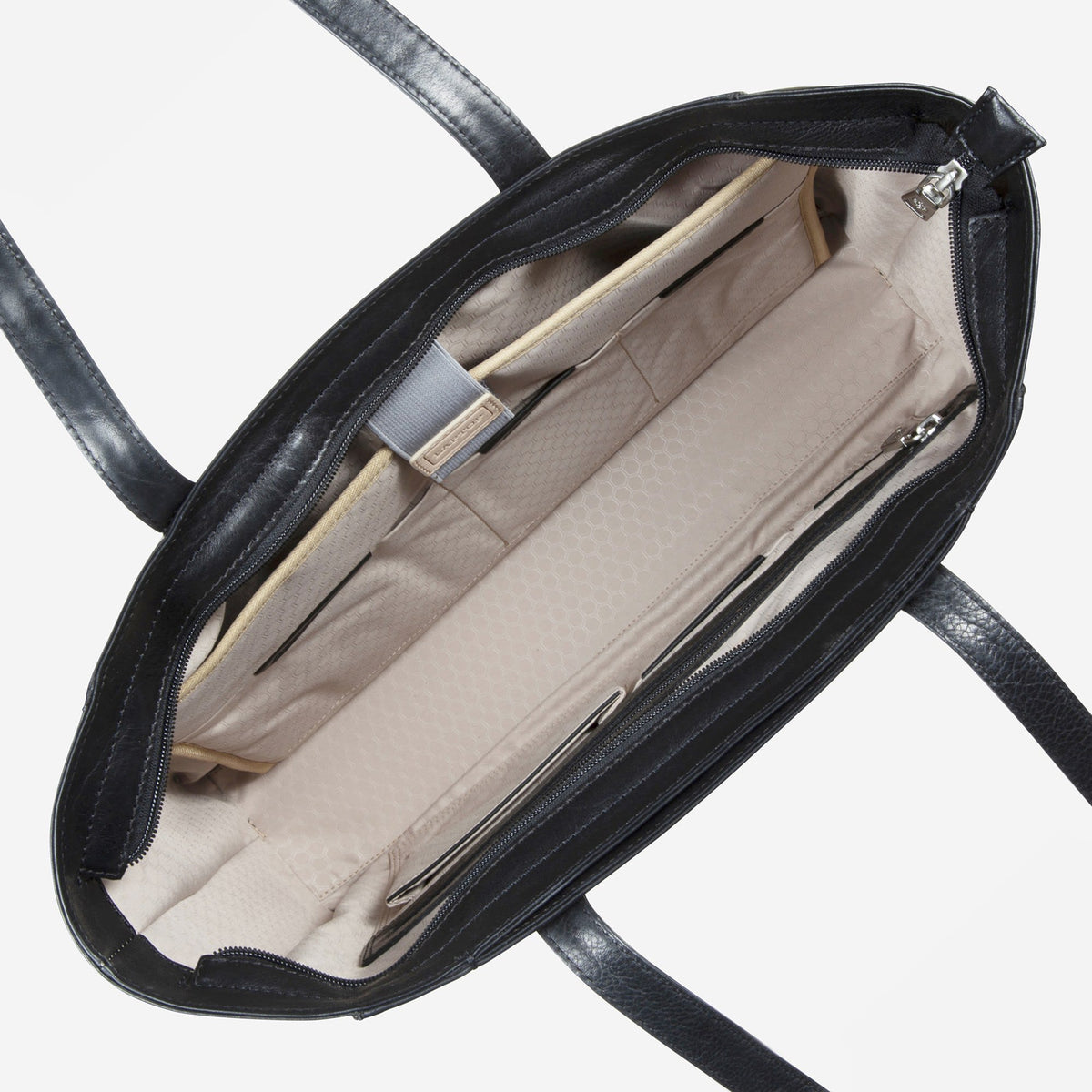 Black Paris Shopper open from above, showing the taupe lining, organiser pockets and central zip divider