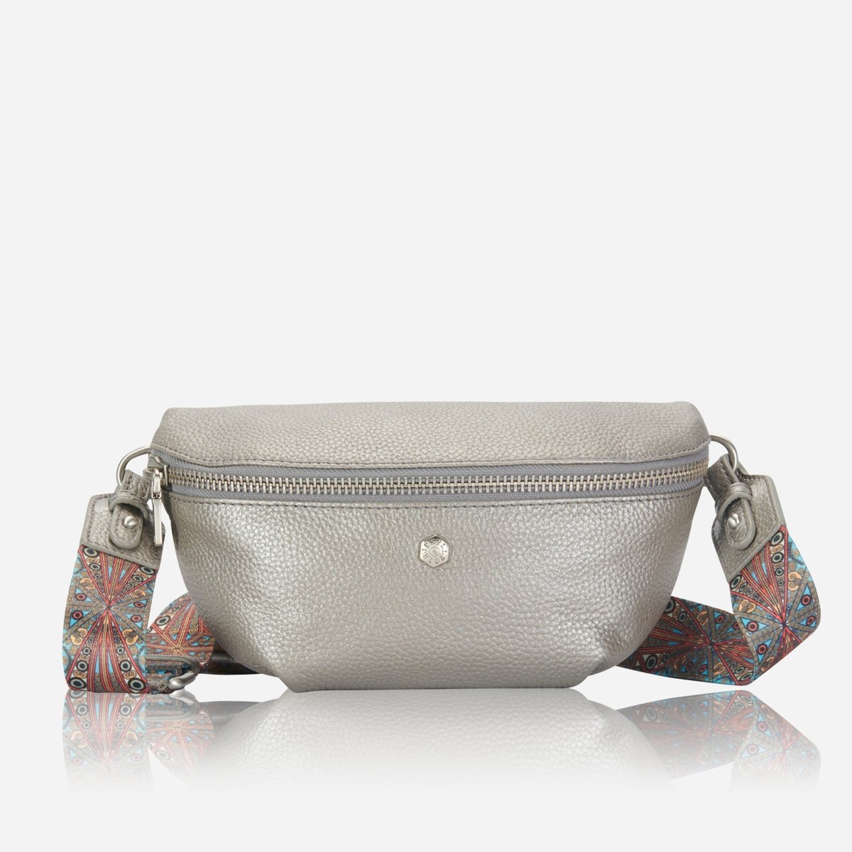 Osaka Slim Ladies Leather Waist Bag, Metallic Silver