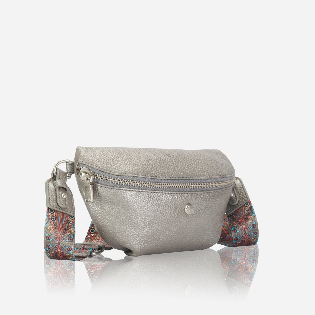 Slim Ladies Leather Waist Bag, Metallic Silver