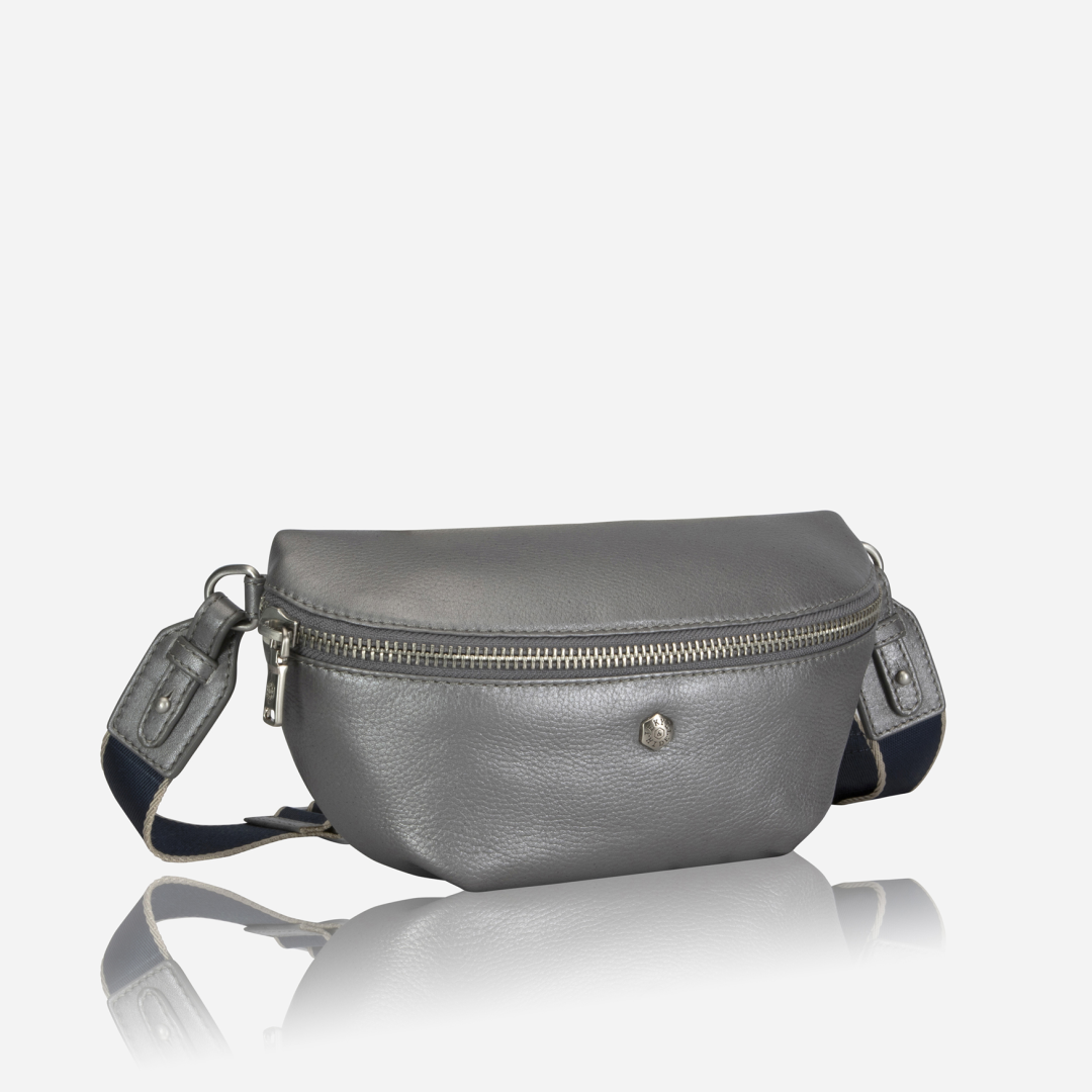 Slim Ladies Leather Waist Bag, Metallic Silver